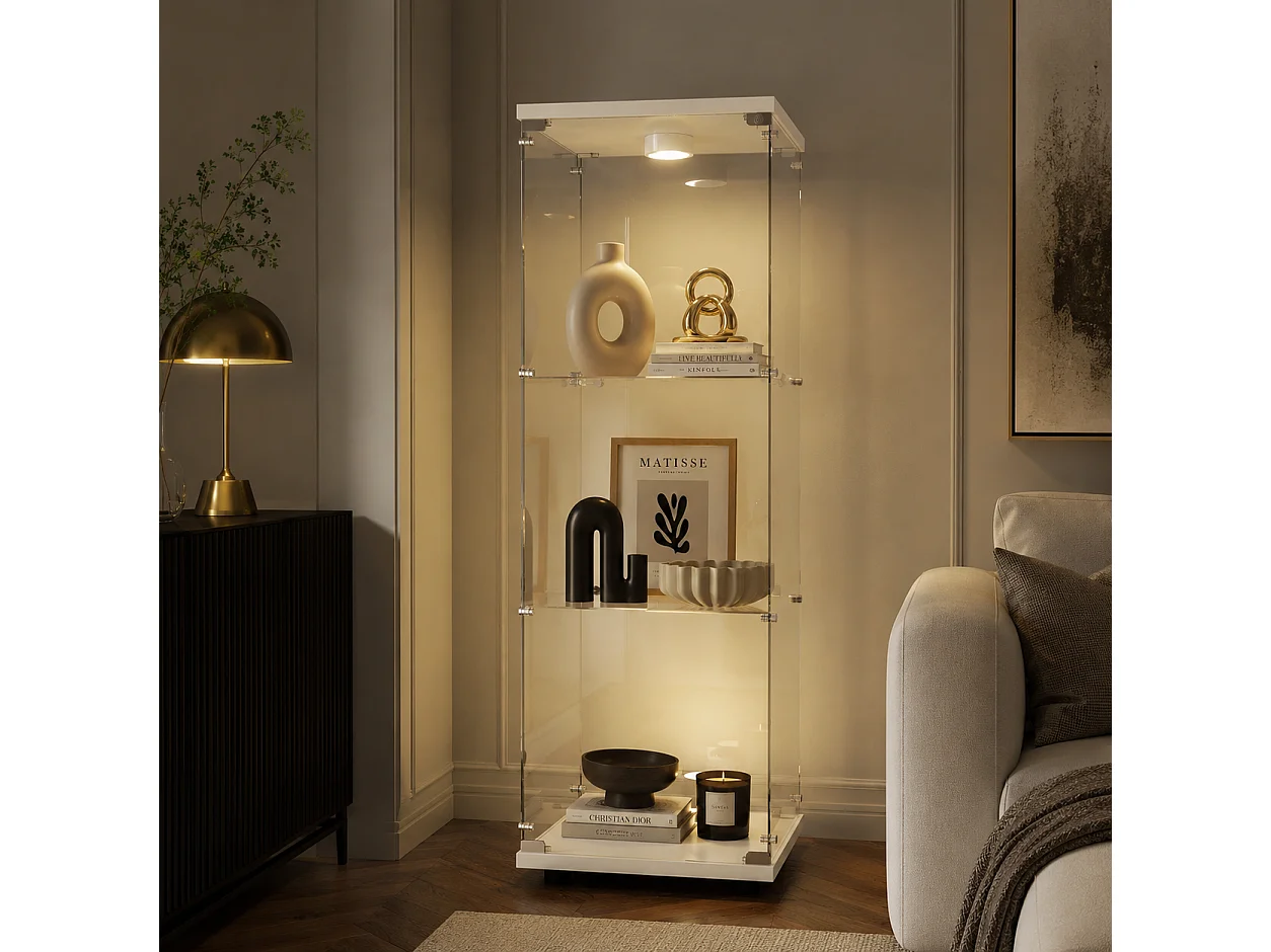 Vitrine en Verre 125x42x36 cm, Armoire de Collection Moderne en Verre à Trois Couches avec LED und Porte, pour Chambre, Salon et Salle à Manger, Blanc