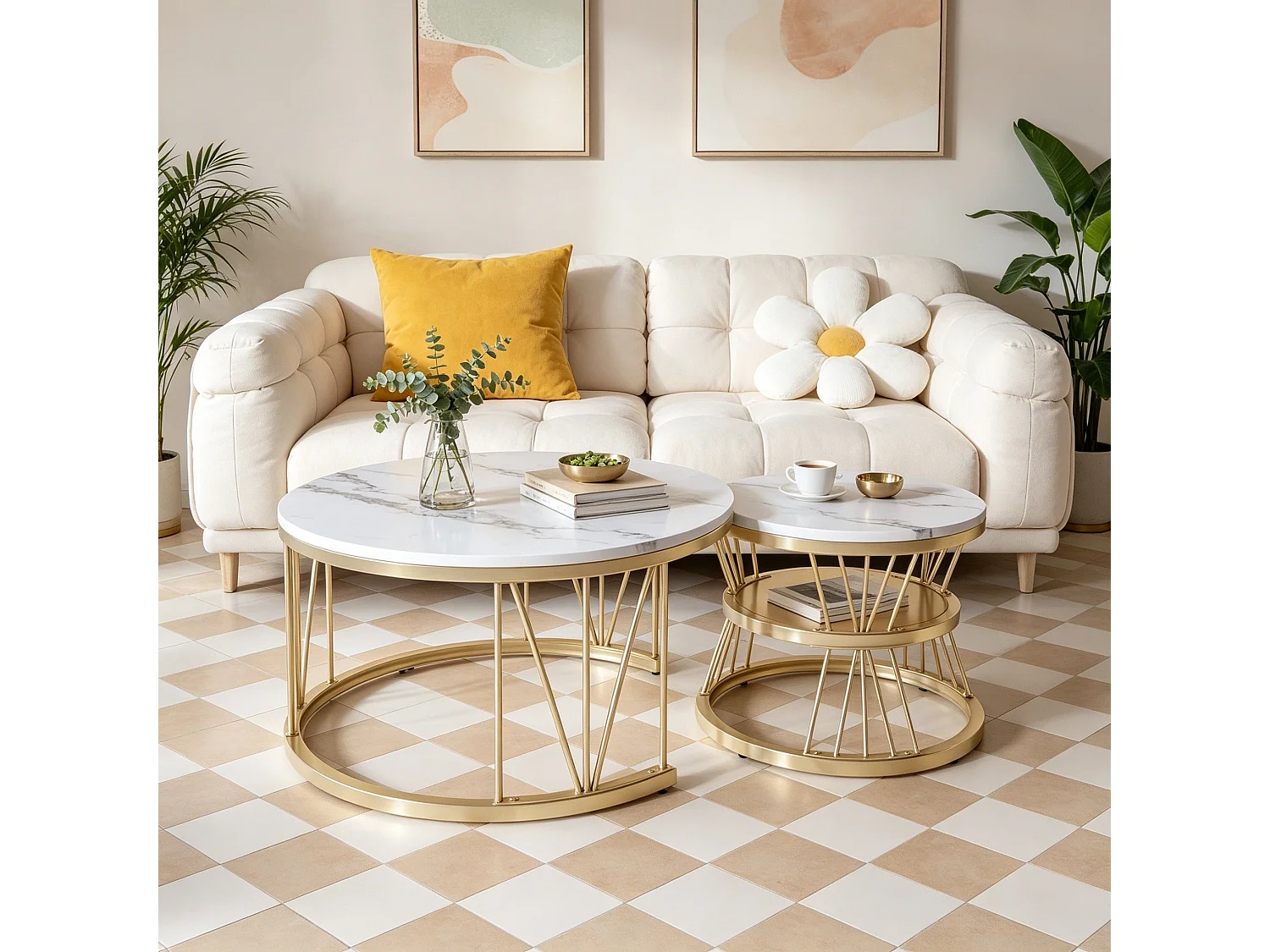 Lot de 2 tables basses rondes - Table d'appoint à 3 niveaux - table de salon Pour chambre - Style Moderne - Diamètre 70/45 cm - Structure en métal Doré