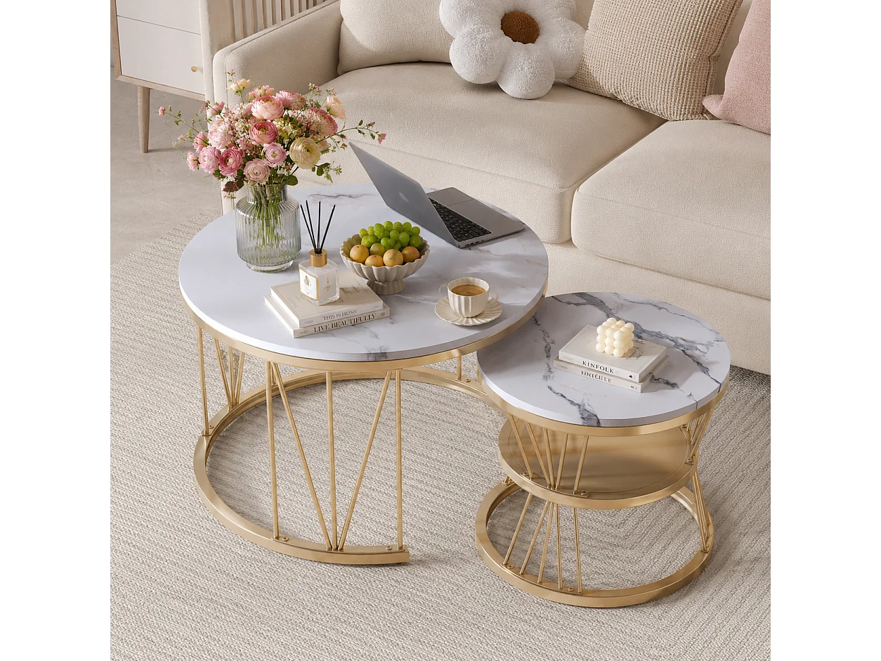 Lot de 2 tables basses rondes - Table d'appoint à 3 niveaux - table de salon Pour chambre - Style Moderne - Diamètre 70/45 cm - Structure en métal Doré