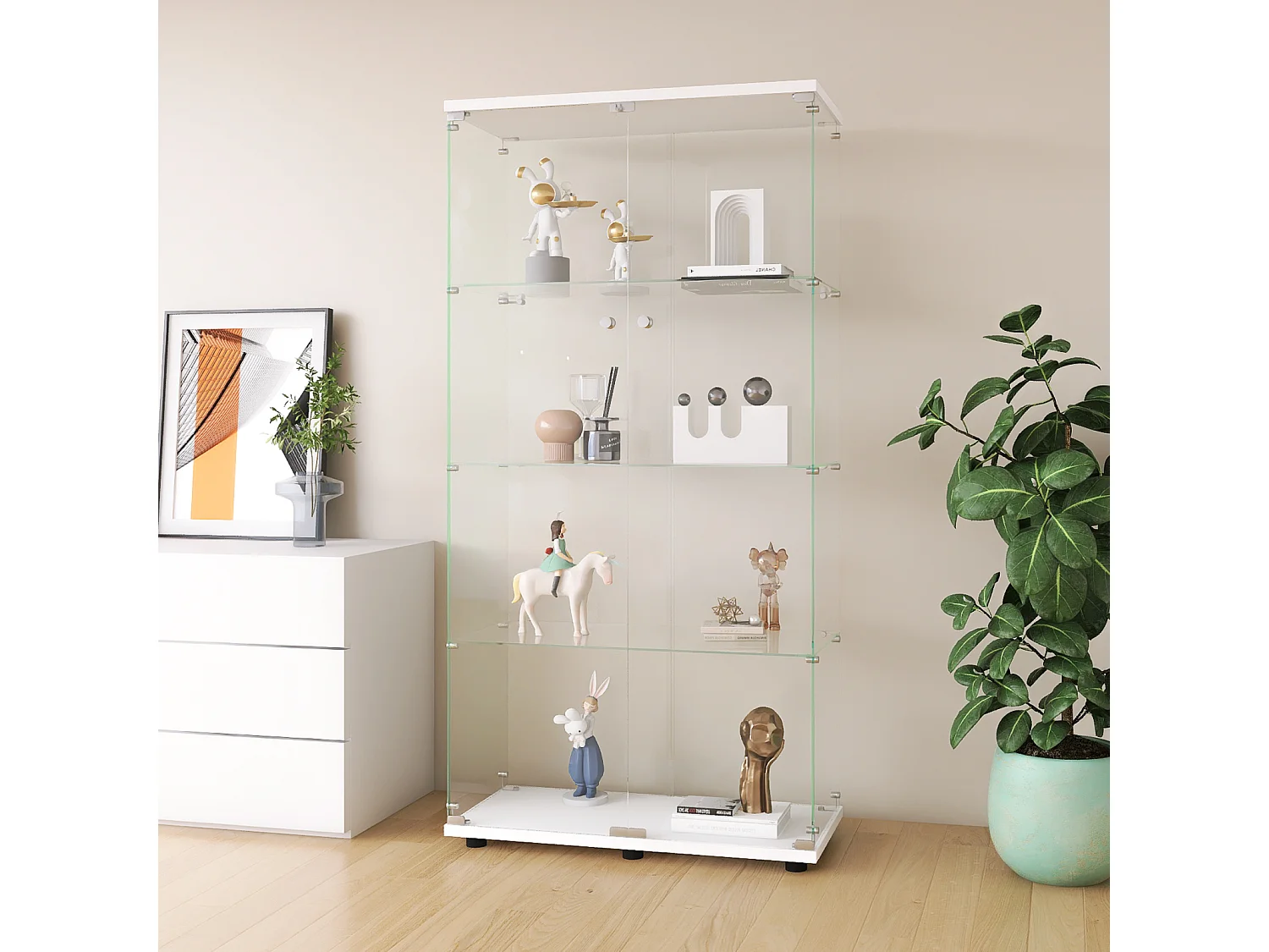 Meuble Vitrine en Verre 164x80.5x36.5cm Avec 2 Portes et 4 Étagères en Serrure, Transparent Armoire pour Collection, Curio, Salon, Livres, Blanc