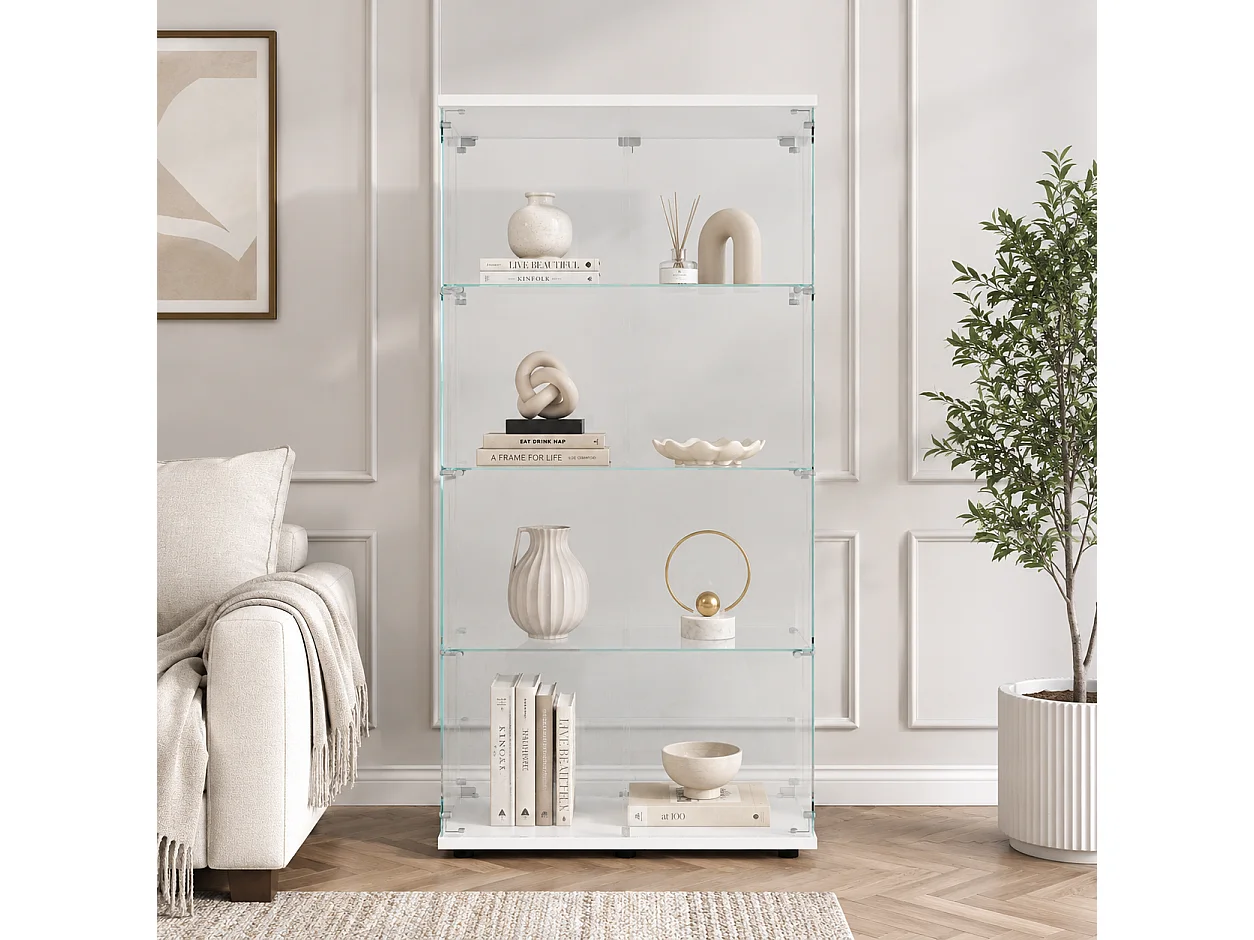 Meuble Vitrine en Verre 164x80.5x36.5cm Avec 2 Portes et 4 Étagères en Serrure, Transparent Armoire pour Collection, Curio, Salon, Livres, Blanc