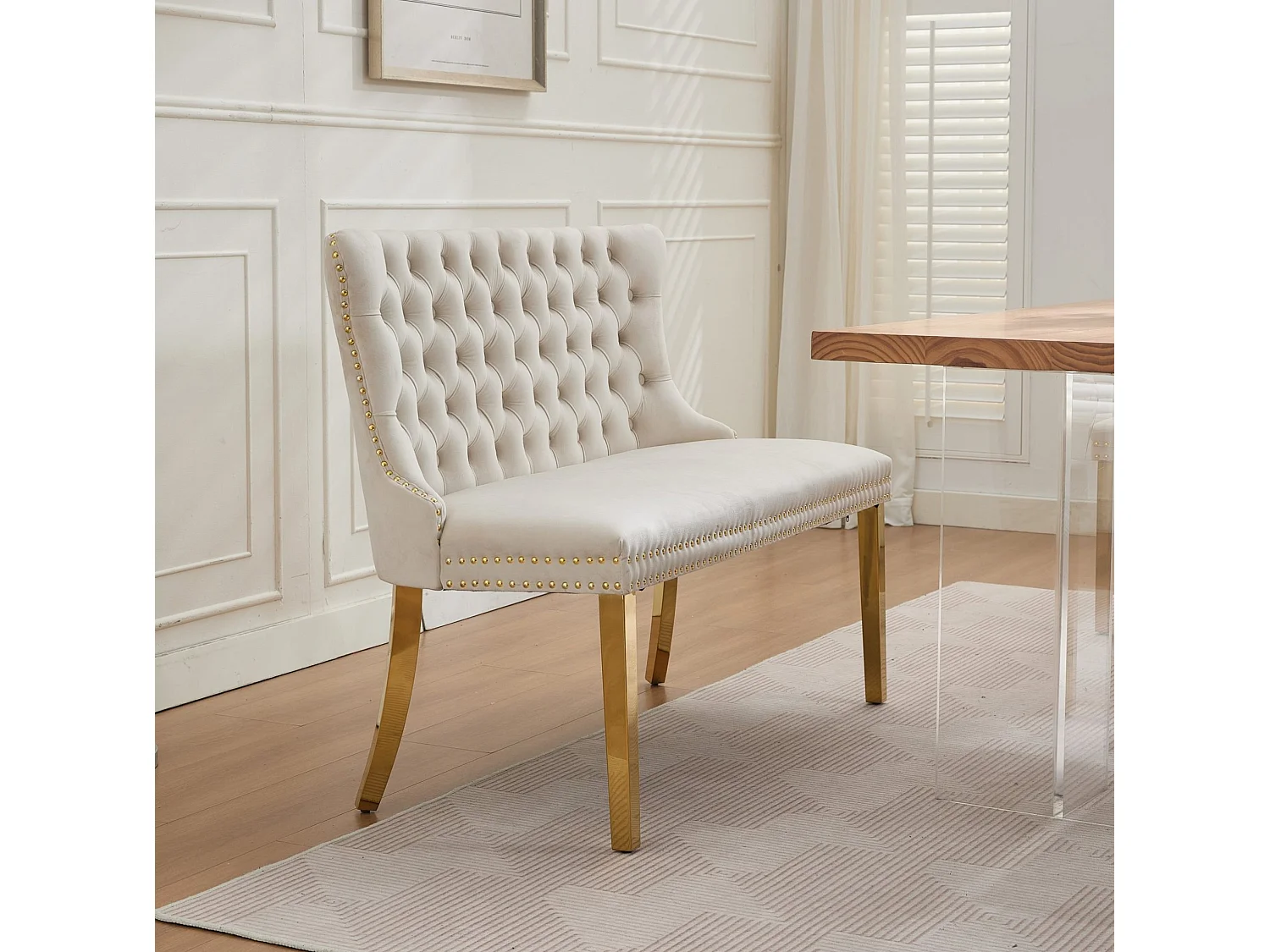Banquette de salle à manger 2 places en velours beige - Pieds en métal doré