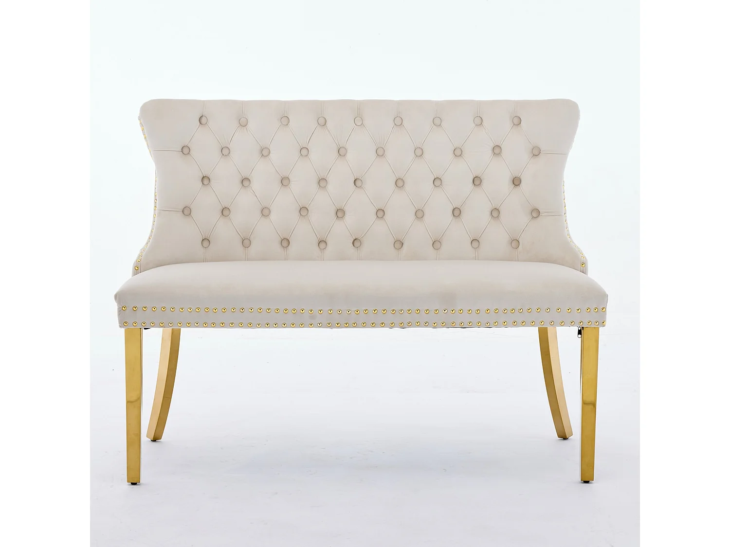 Banquette de salle à manger 2 places en velours beige - Pieds en métal doré