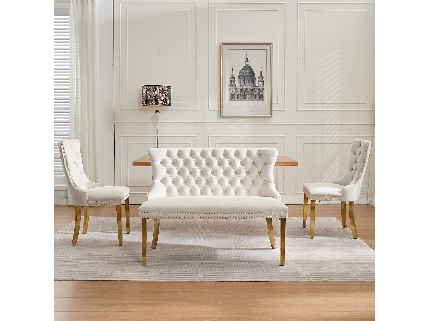 Banquette de salle à manger 2 places en velours beige - Pieds en métal doré