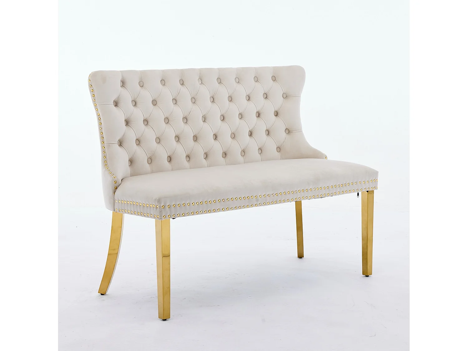 Banquette de salle à manger 2 places en velours beige - Pieds en métal doré