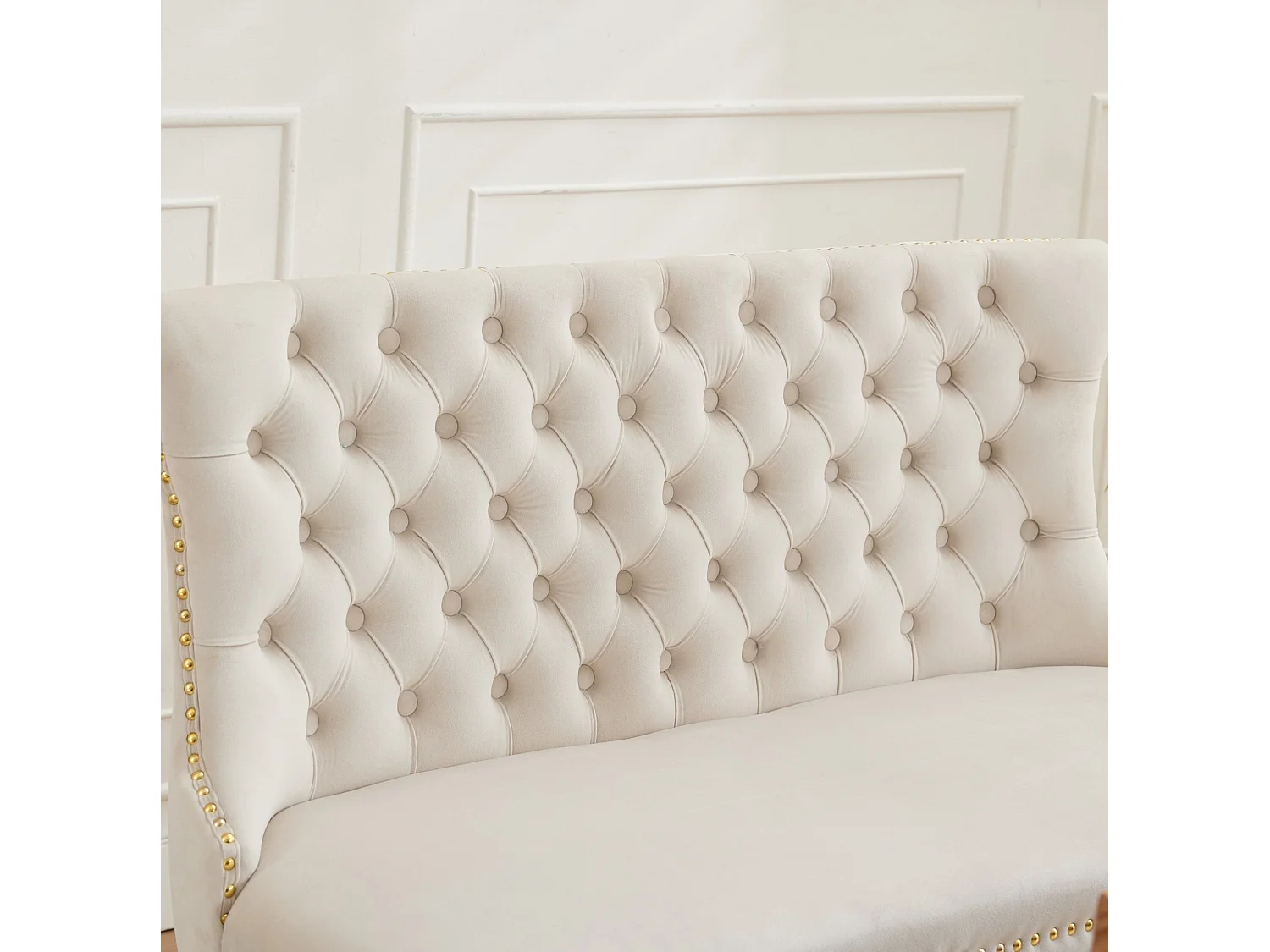 Banquette de salle à manger 2 places en velours beige - Pieds en métal doré