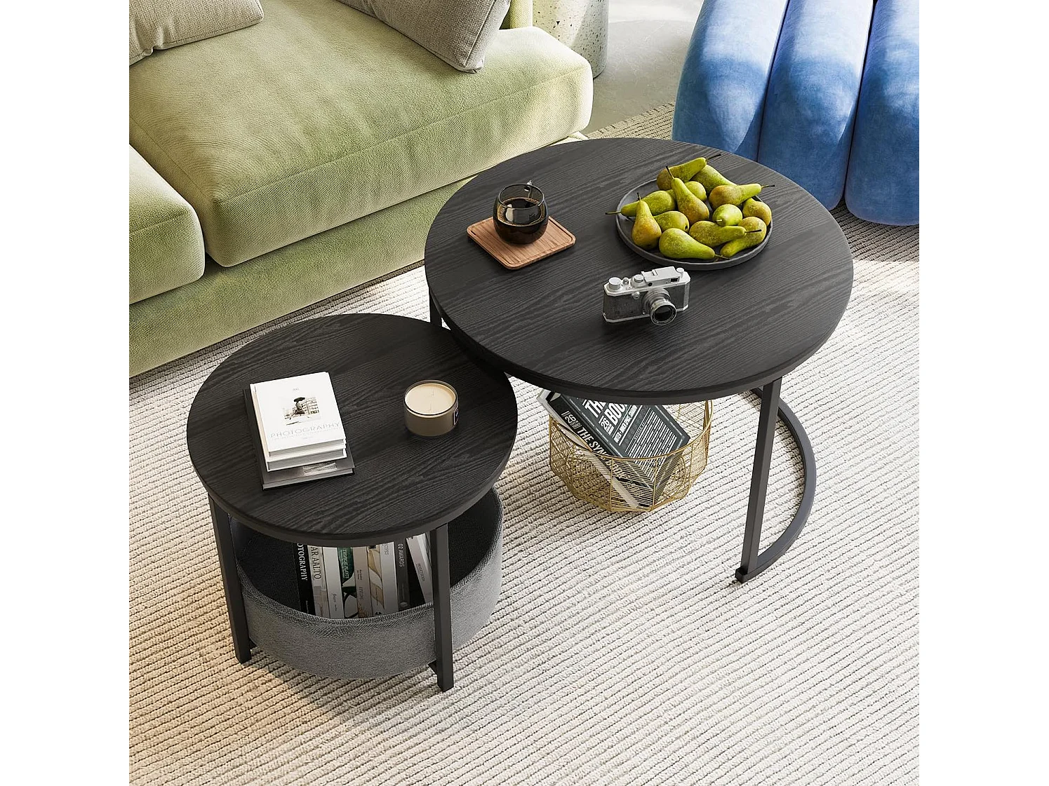 Lot de 2 tables basses rondes en métal et bois avec poche de rangement - Noir