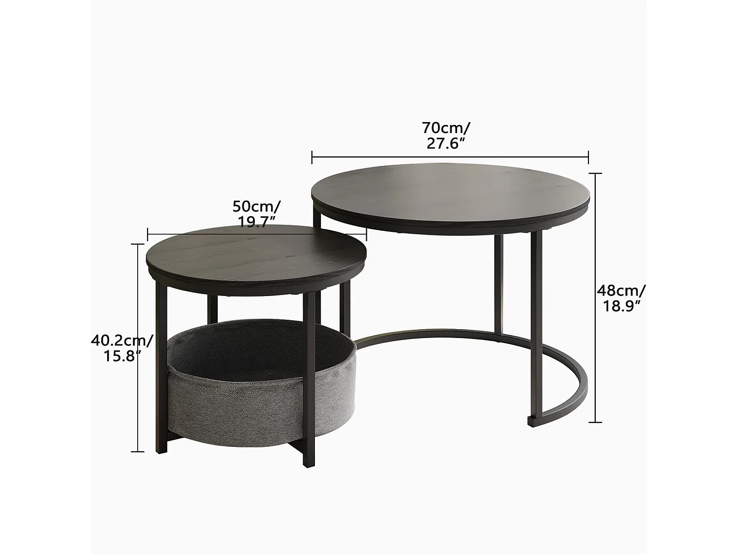 Lot de 2 tables basses rondes en métal et bois avec poche de rangement - Noir