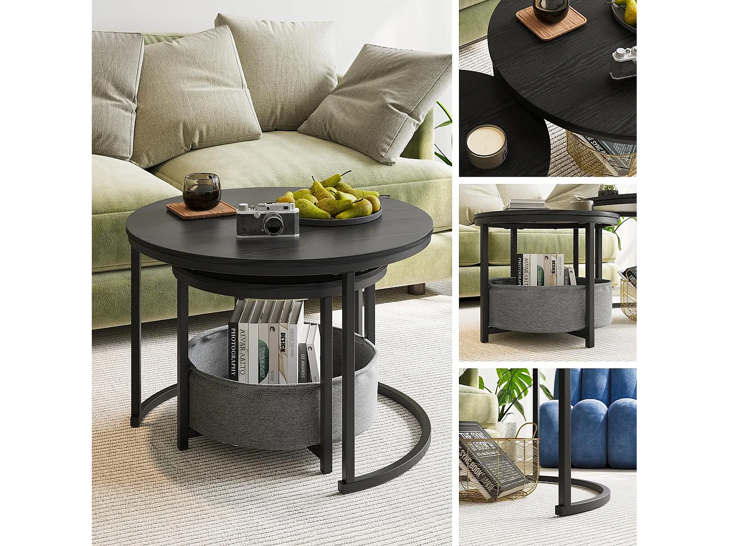 Lot de 2 tables basses rondes en métal et bois avec poche de rangement - Noir
