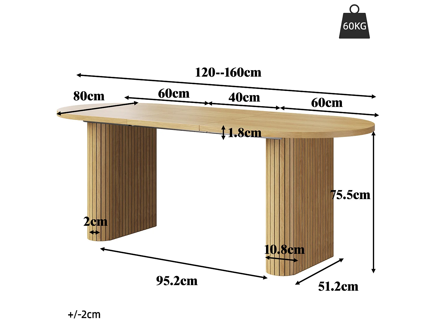 Uitschuifbare ovale eettafel 120-160 x 80 cm voor 4-6 personen - Licht naturel