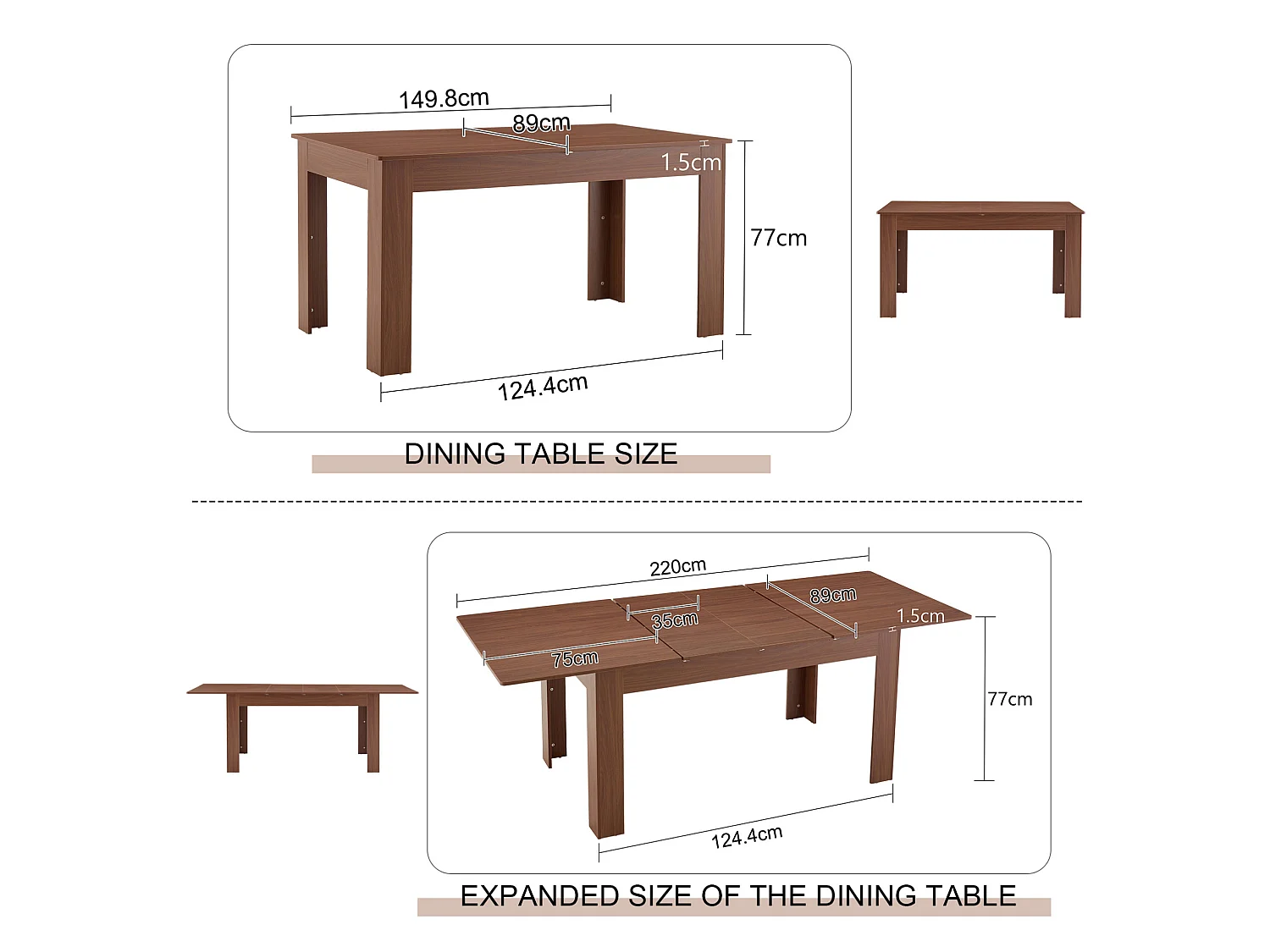 Table à manger extensible 149.8-220 x 89 cm pour 4-6 personnes - Marron