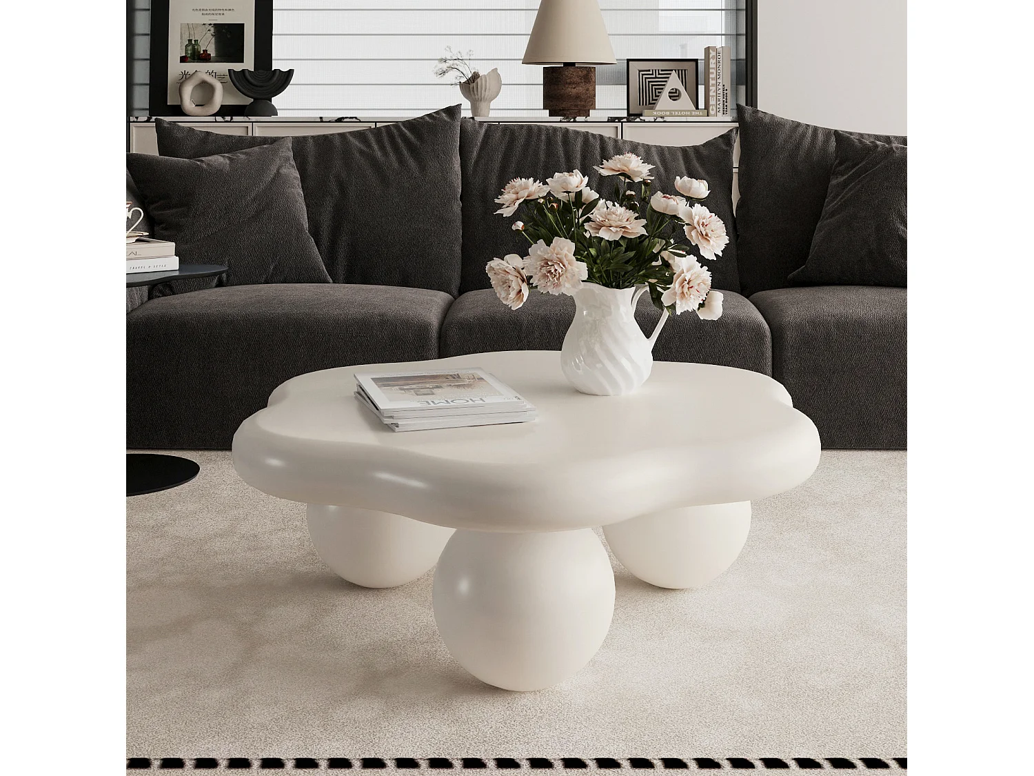 Table basse en forme de nuage 79 cm avec pieds sphériques - Blanc crème