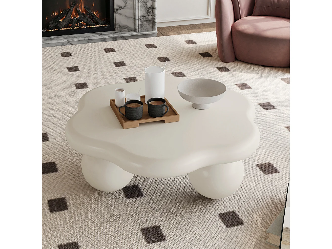 Table basse en forme de nuage 79 cm avec pieds sphériques - Blanc crème