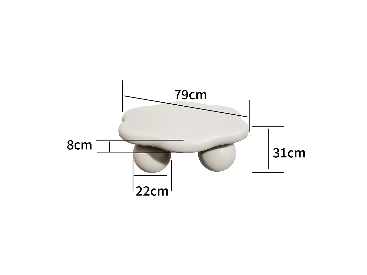 Table basse en forme de nuage 79 cm avec pieds sphériques - Blanc crème