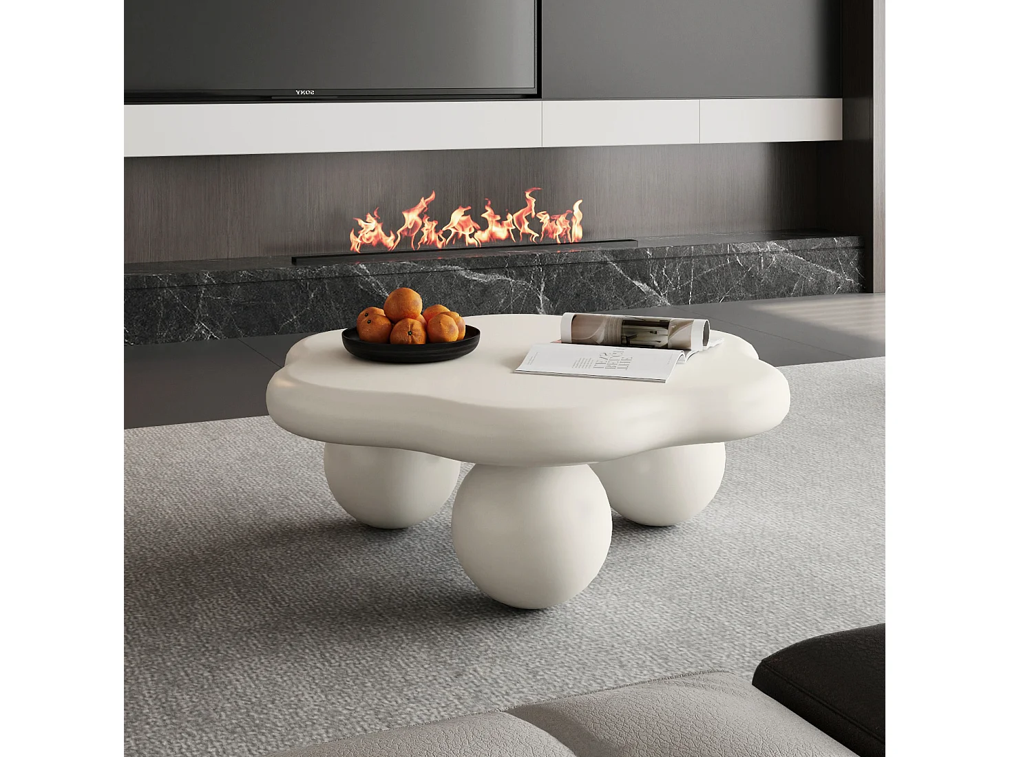 Table basse en forme de nuage 79 cm avec pieds sphériques - Blanc crème