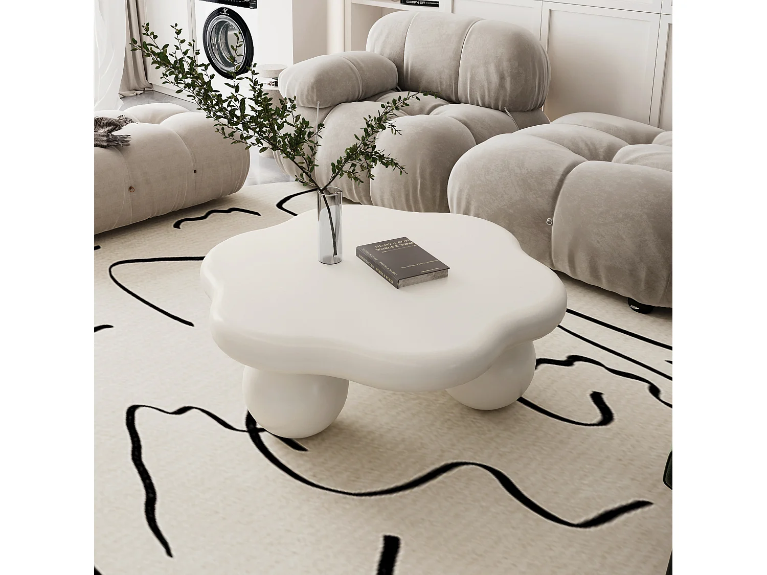 Table basse en forme de nuage 79 cm avec pieds sphériques - Blanc crème