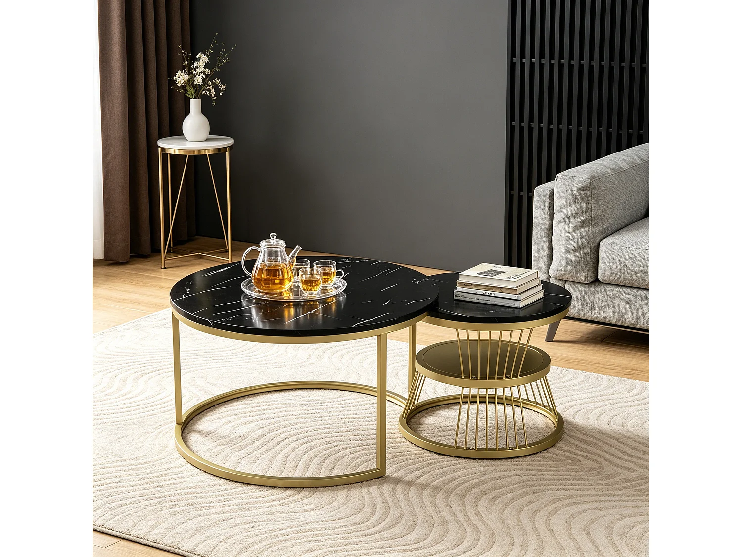 Lot de 2 Tables basses rondes – Table basse Ø70 cm et 45 cm – Table d'appoint - table de salon - style moderne – motif Marbre – en métal Noir