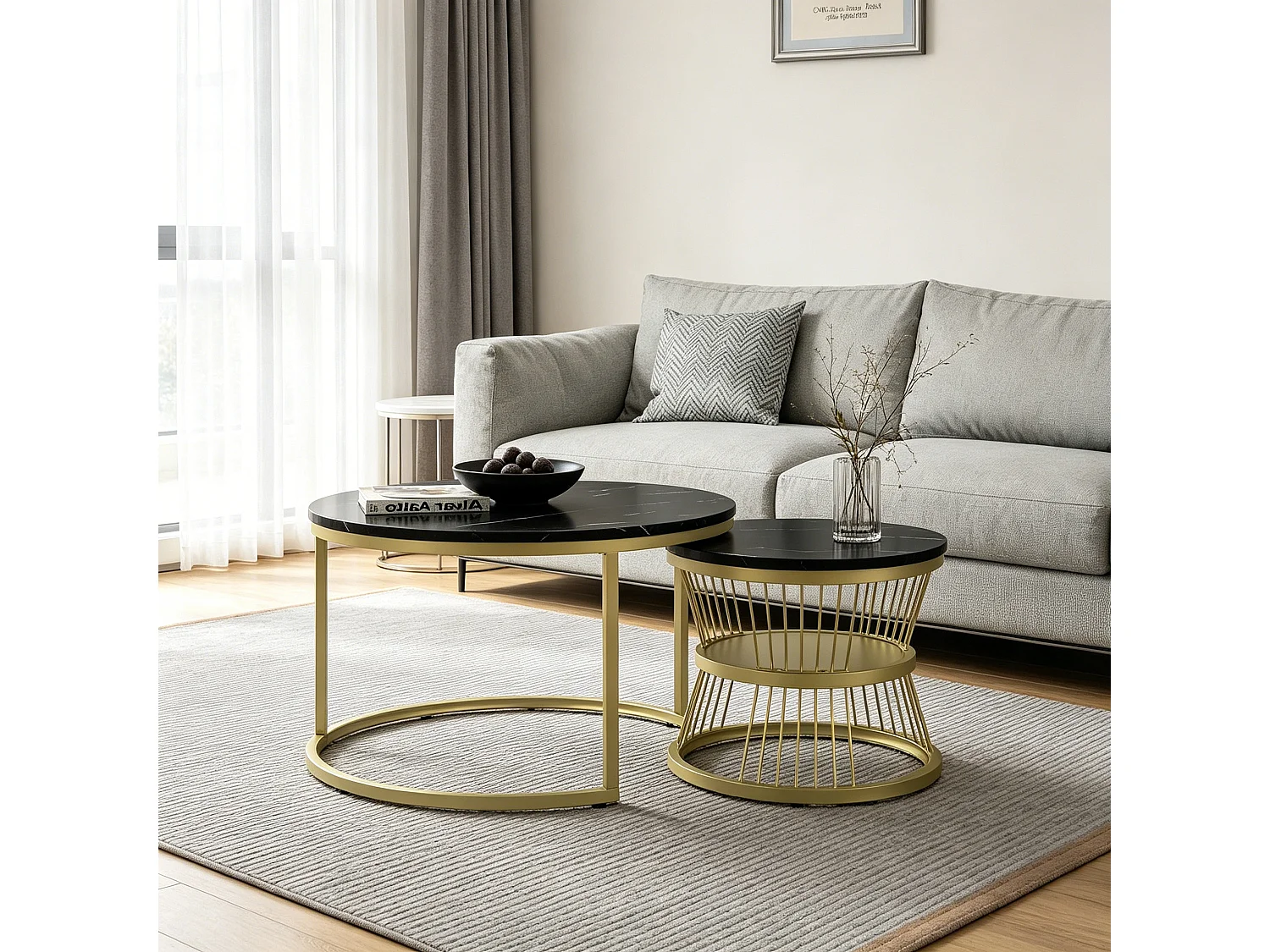 Lot de 2 Tables basses rondes – Table basse Ø70 cm et 45 cm – Table d'appoint - table de salon - style moderne – motif Marbre – en métal Noir