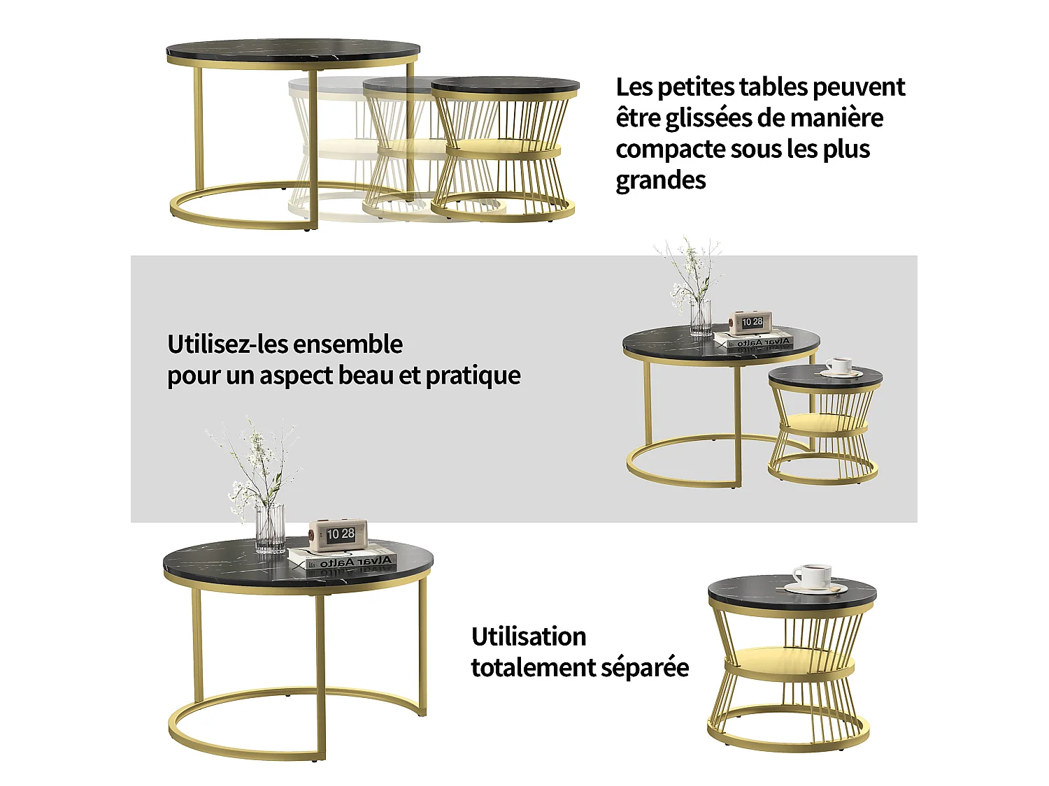 Lot de 2 Tables basses rondes – Table basse Ø70 cm et 45 cm – Table d'appoint - table de salon - style moderne – motif Marbre – en métal Noir