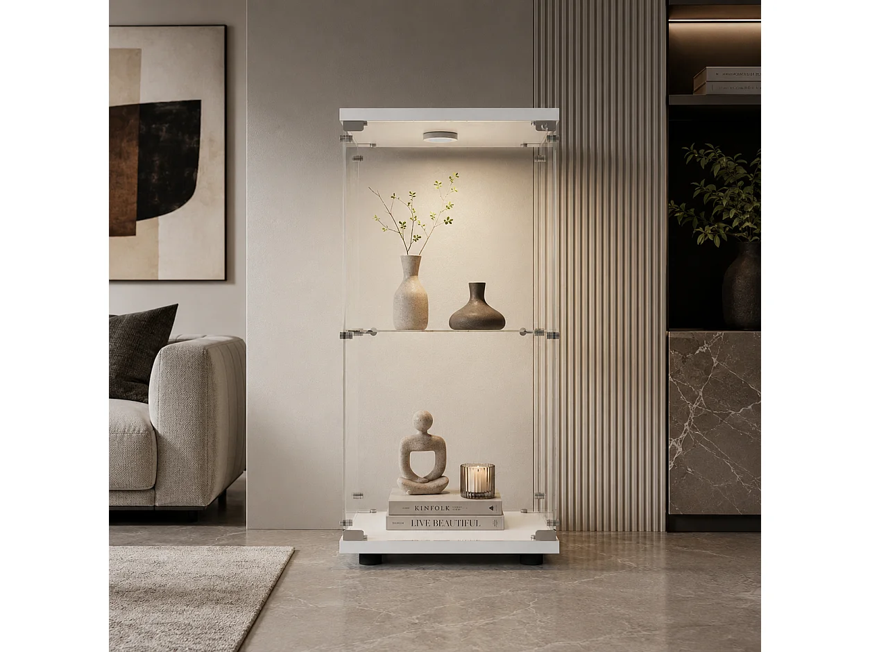 Vitrines en Verre 86x40x36.5 cm, armoires de Rangement Verticales en Verre, Vitrine Verre avec LED, adaptées aux Salons, Chambres, Bureaux, Blanc