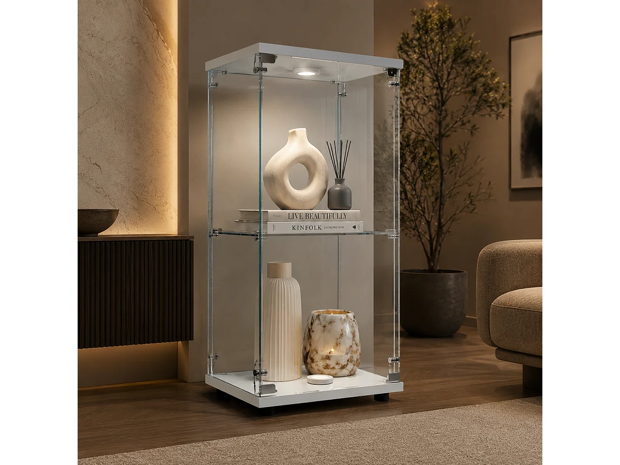 Vitrines en Verre 86x40x36.5 cm, armoires de Rangement Verticales en Verre, Vitrine Verre avec LED, adaptées aux Salons, Chambres, Bureaux, Blanc