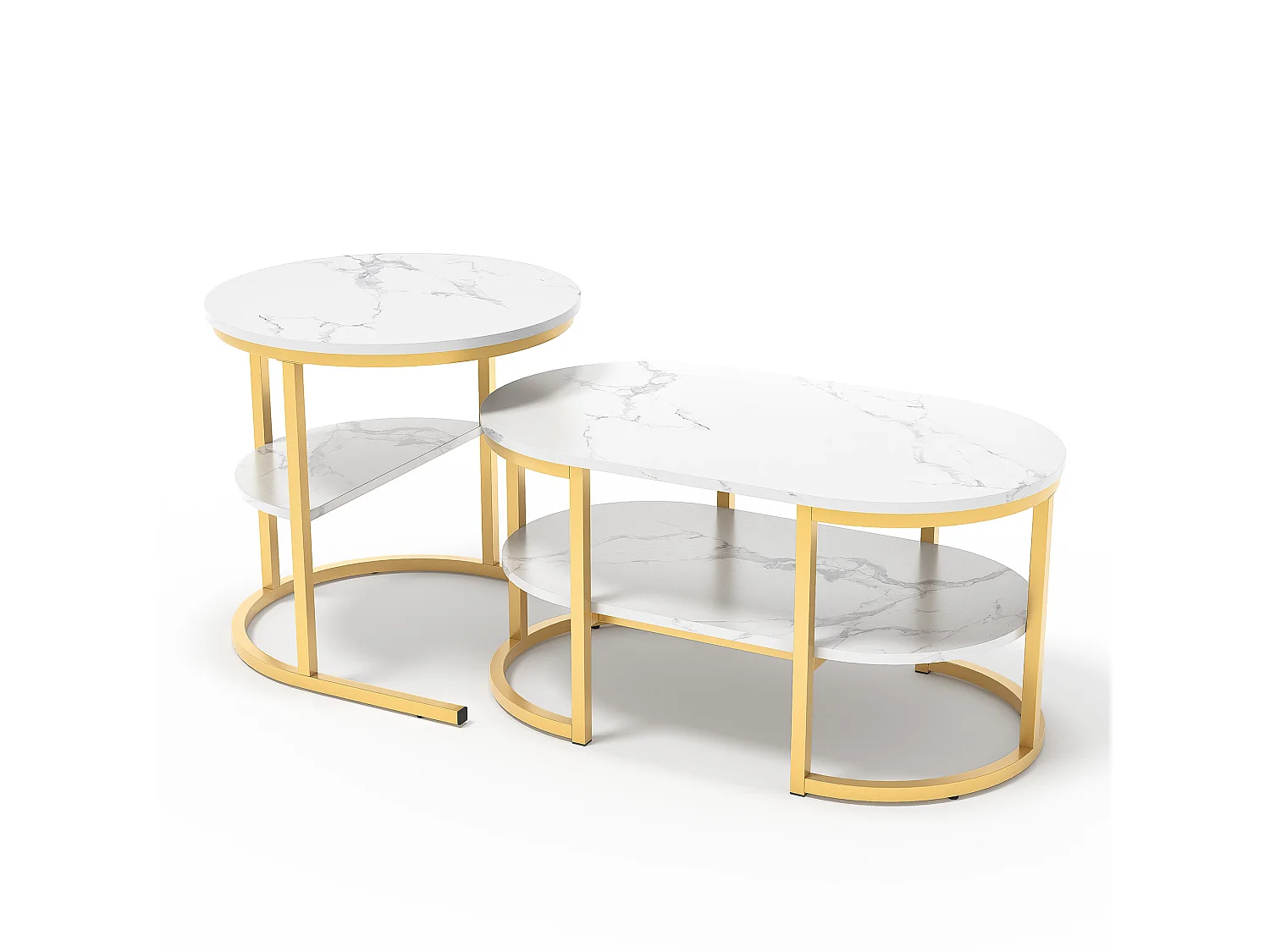 Lot de 2 Tables basses 2 en 1 avec rangement, Table de salon, aspect marbre, Table d'appoint ovales pour salon, balcon et bureau - 80x52 cm - Doré