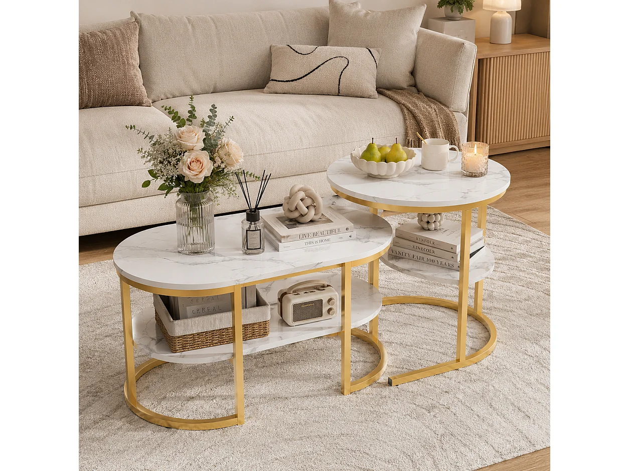 Lot de 2 Tables basses 2 en 1 avec rangement, Table de salon, aspect marbre, Table d'appoint ovales pour salon, balcon et bureau - 80x52 cm - Doré