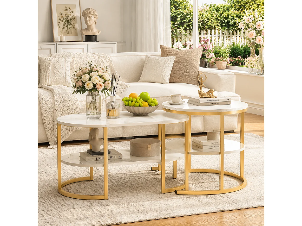 Lot de 2 Tables basses 2 en 1 avec rangement, Table de salon, aspect marbre, Table d'appoint ovales pour salon, balcon et bureau - 80x52 cm - Doré