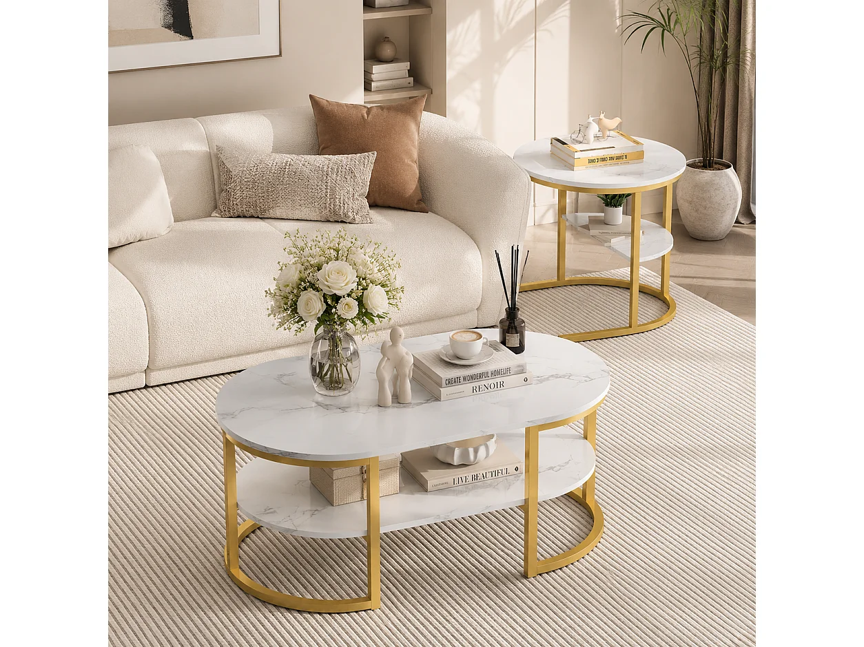 Lot de 2 Tables basses 2 en 1 avec rangement, Table de salon, aspect marbre, Table d'appoint ovales pour salon, balcon et bureau - 80x52 cm - Doré