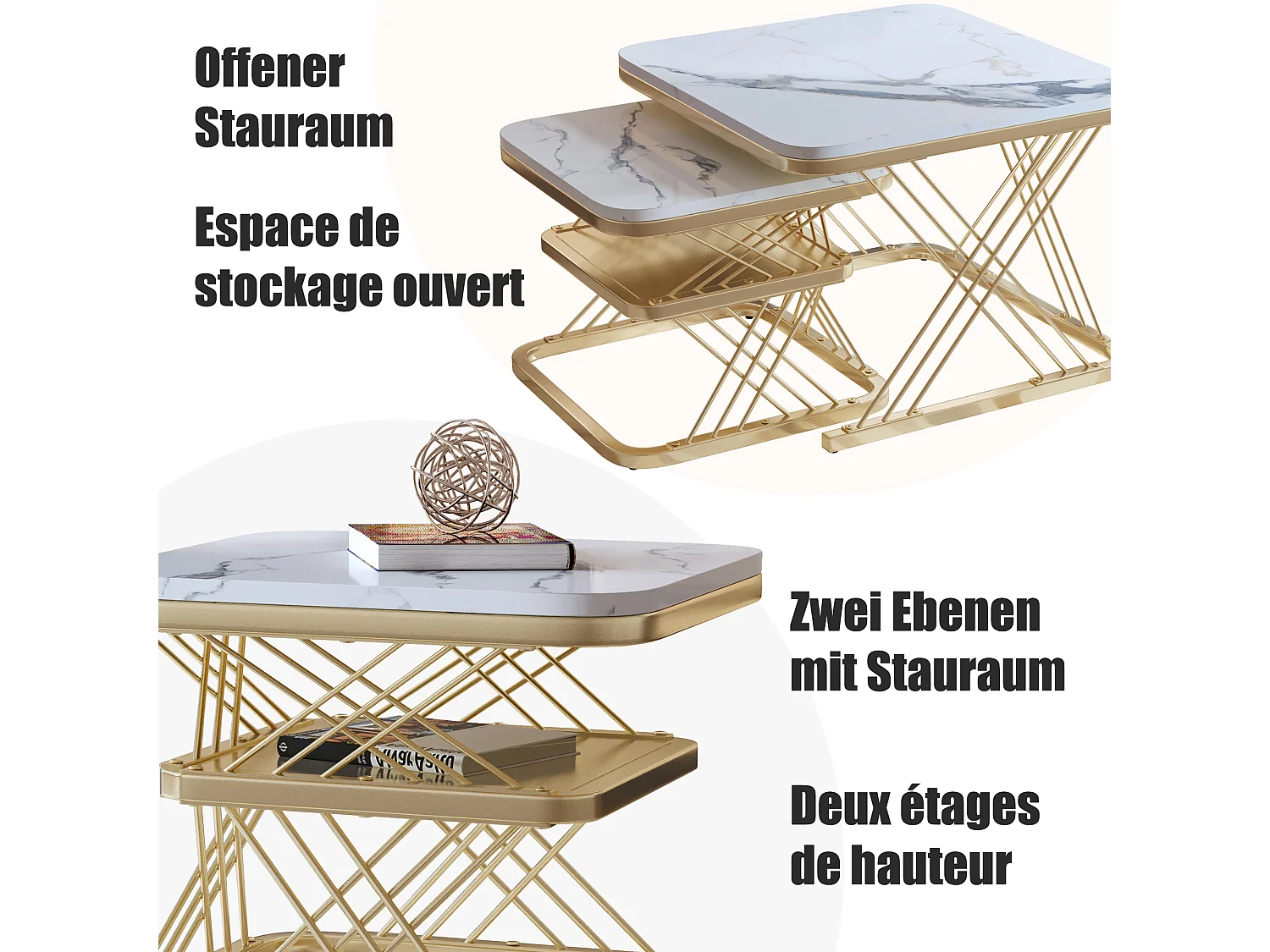 Table basse carrée - Lot de 2 - avec compartiment ouvert - Tables d'appoint gigognes - pour salon et balcon - Motif marbre blanc - Structure en métal - Doré