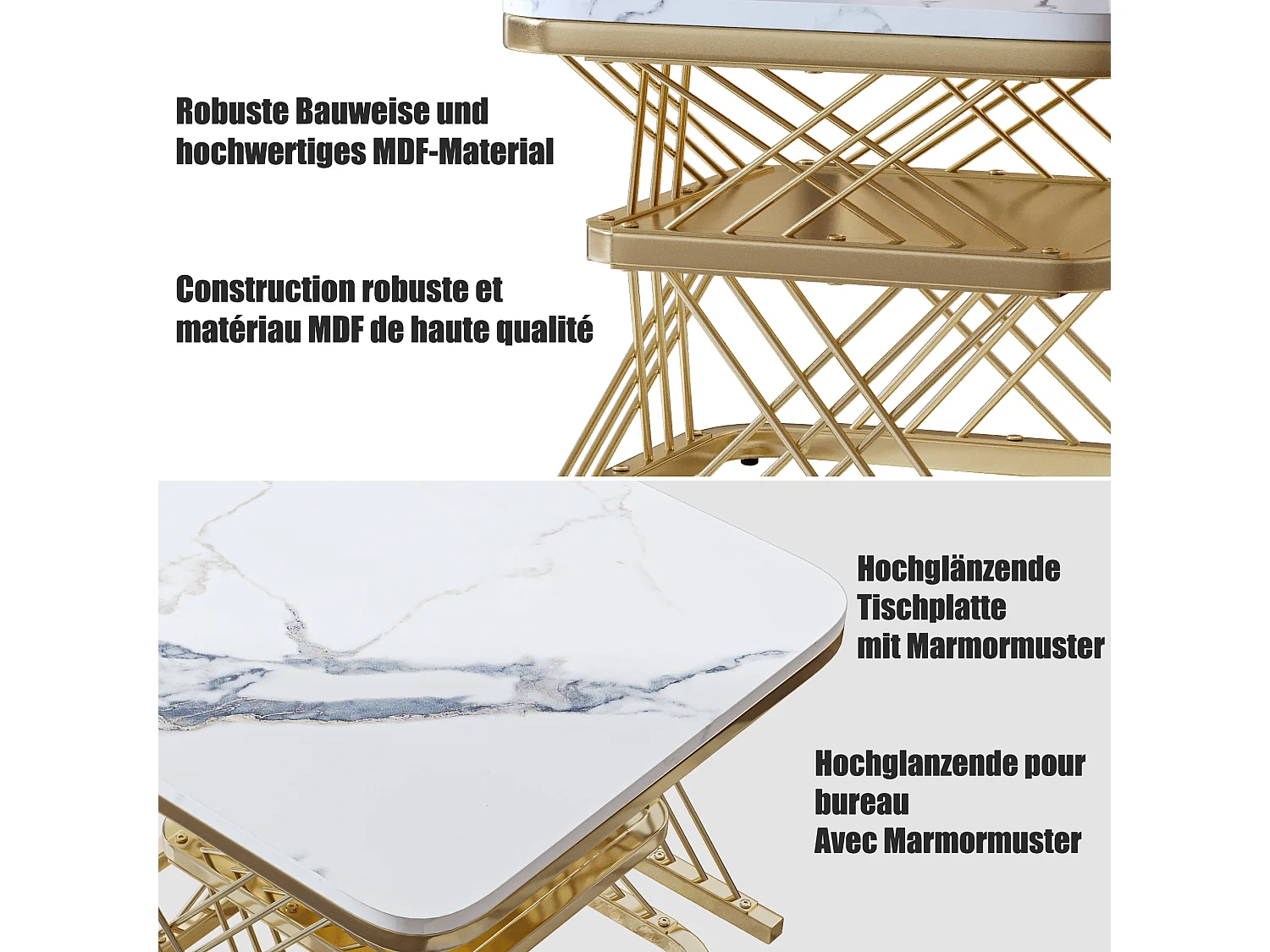Table basse carrée - Lot de 2 - avec compartiment ouvert - Tables d'appoint gigognes - pour salon et balcon - Motif marbre blanc - Structure en métal - Doré