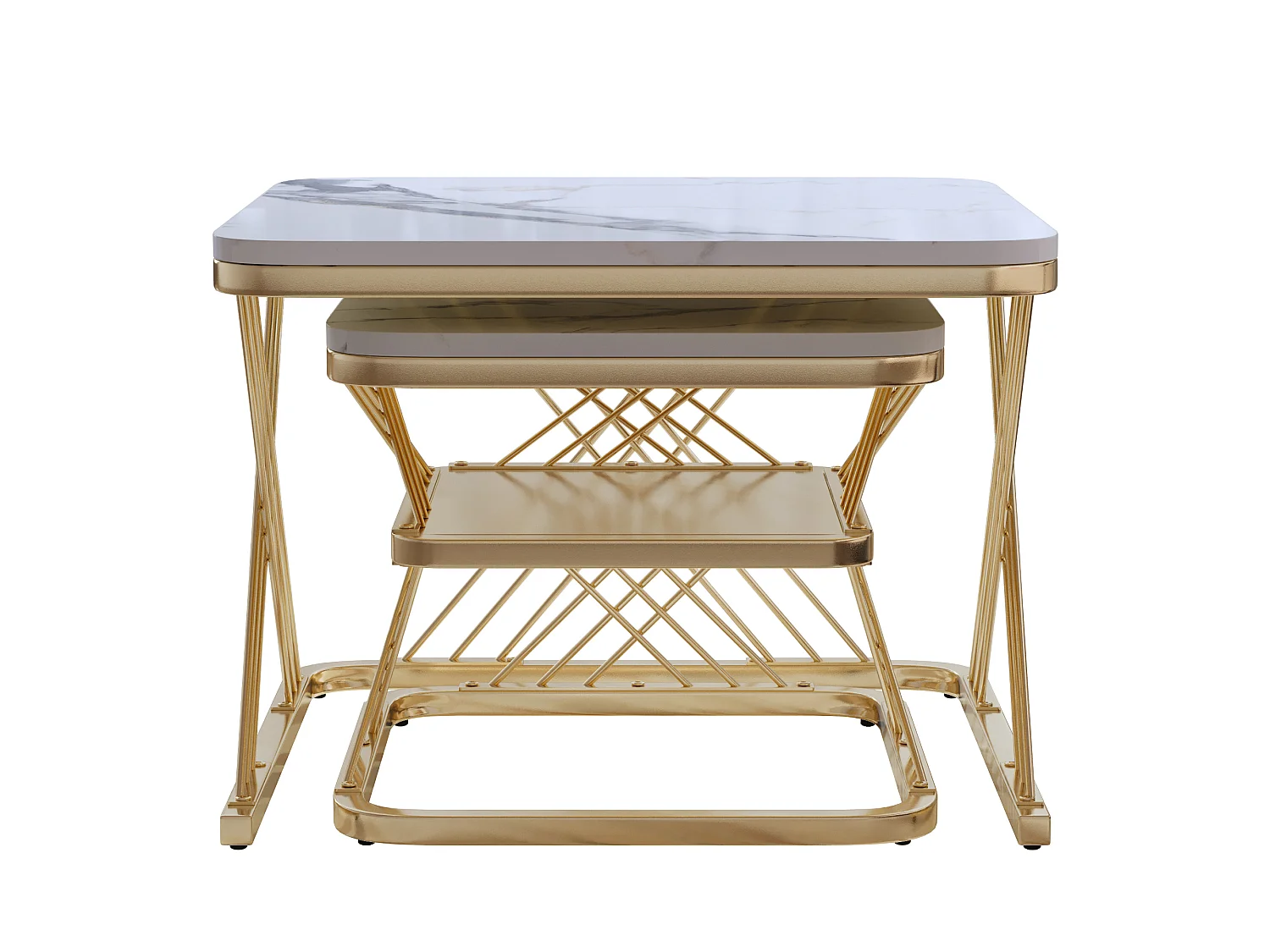 Table basse carrée - Lot de 2 - avec compartiment ouvert - Tables d'appoint gigognes - pour salon et balcon - Motif marbre blanc - Structure en métal - Doré
