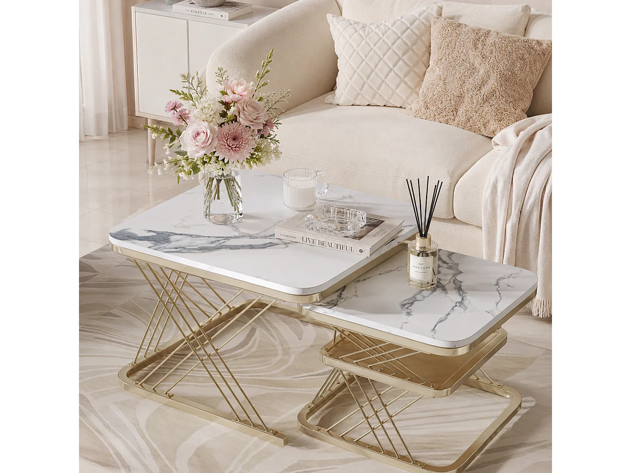 Table basse carrée - Lot de 2 - avec compartiment ouvert - Tables d'appoint gigognes - pour salon et balcon - Motif marbre blanc - Structure en métal - Doré