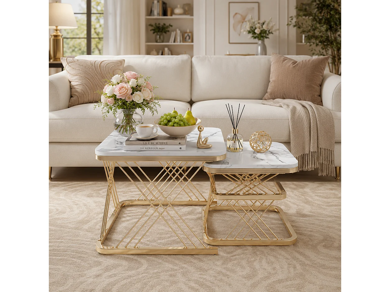 Table basse carrée - Lot de 2 - avec compartiment ouvert - Tables d'appoint gigognes - pour salon et balcon - Motif marbre blanc - Structure en métal - Doré