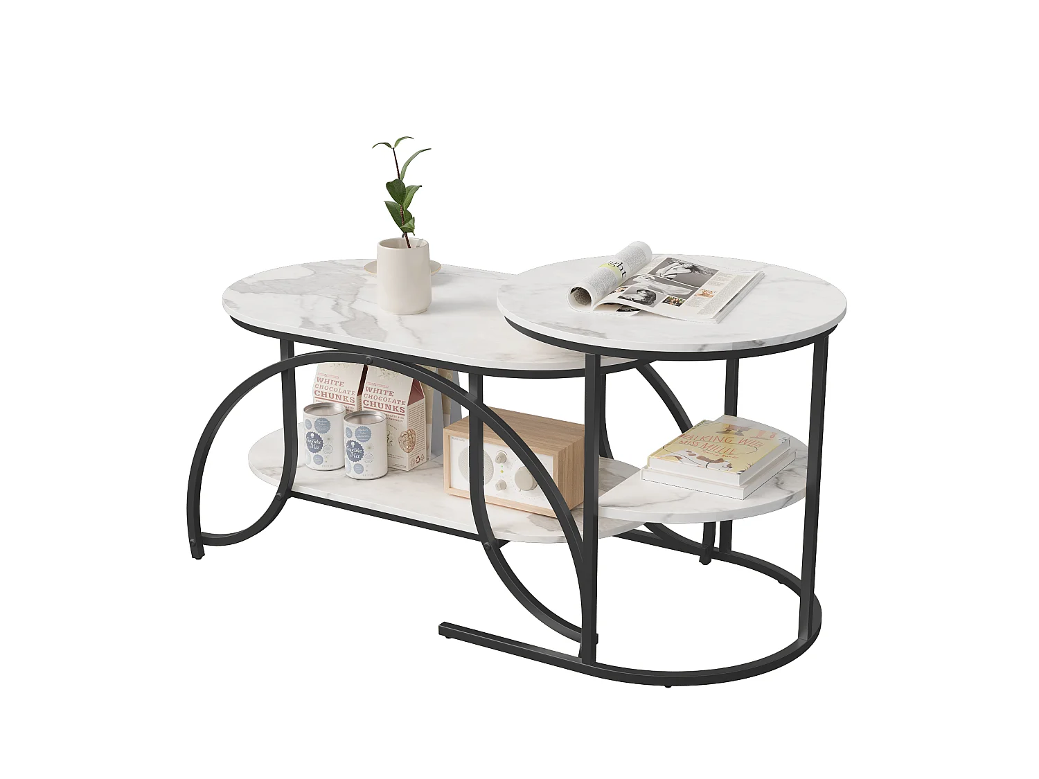 Lot de 2 Tables basses - Métal - Table d'appoint à 4 niveaux - Pour salon, chambre - 80/52 cm - Structure en métal noir - motif Marbre blanc - Design industriel