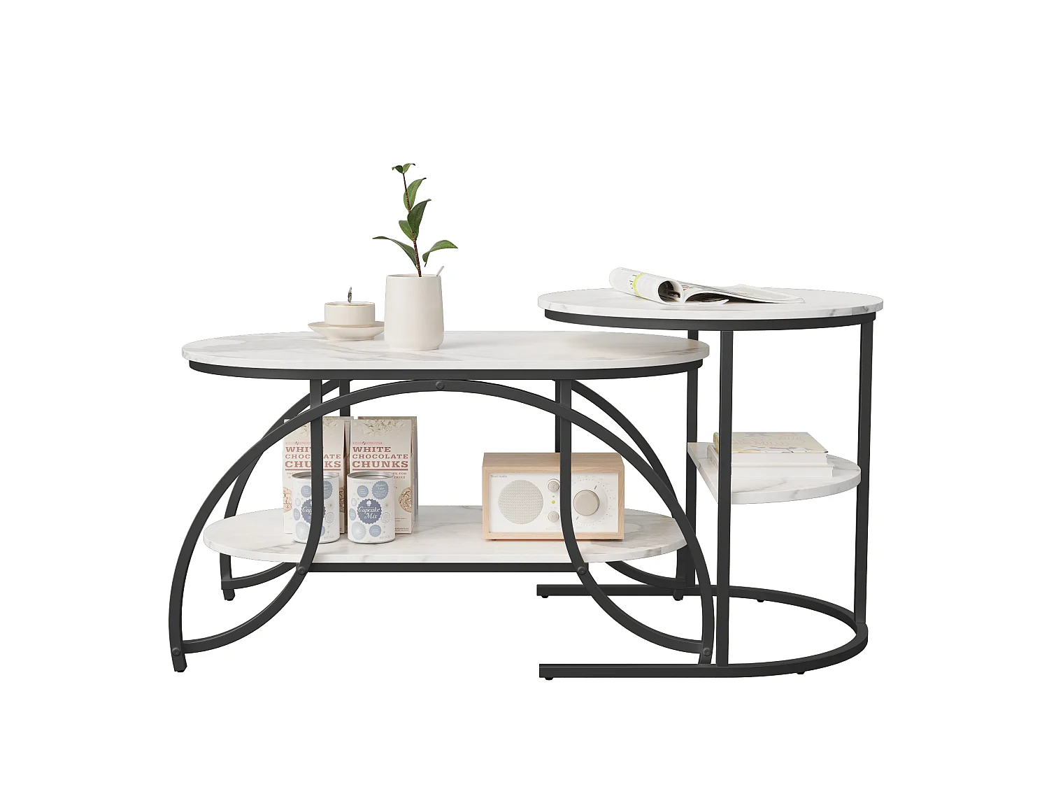 Lot de 2 Tables basses - Métal - Table d'appoint à 4 niveaux - Pour salon, chambre - 80/52 cm - Structure en métal noir - motif Marbre blanc - Design industriel