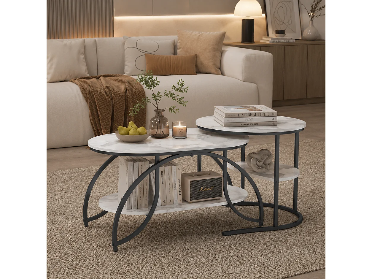 Lot de 2 Tables basses - Métal - Table d'appoint à 4 niveaux - Pour salon, chambre - 80/52 cm - Structure en métal noir - motif Marbre blanc - Design industriel