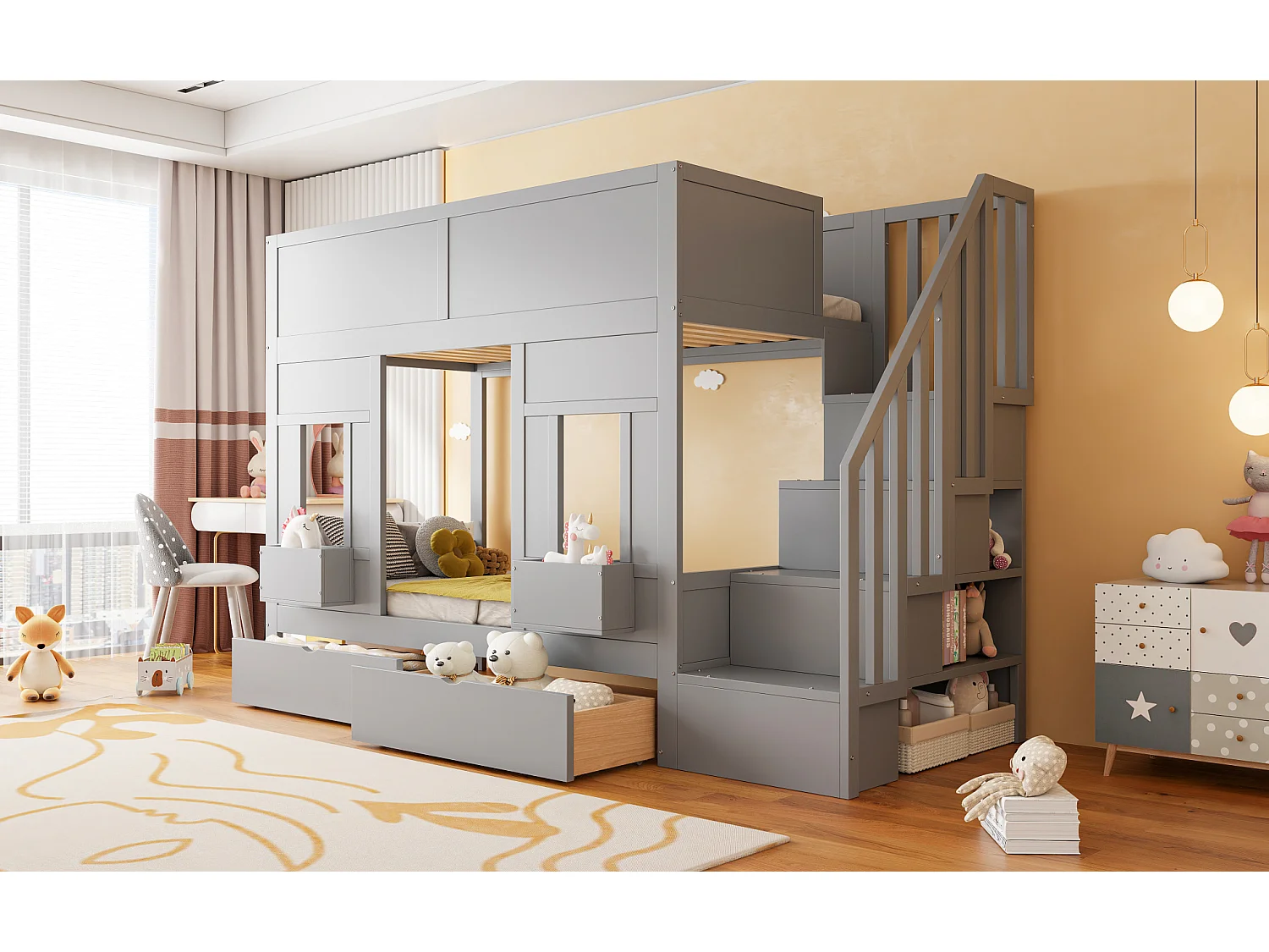Lit superposé enfant 90x200 cm avec 2 tiroirs et escalier de rangement - Bois gris