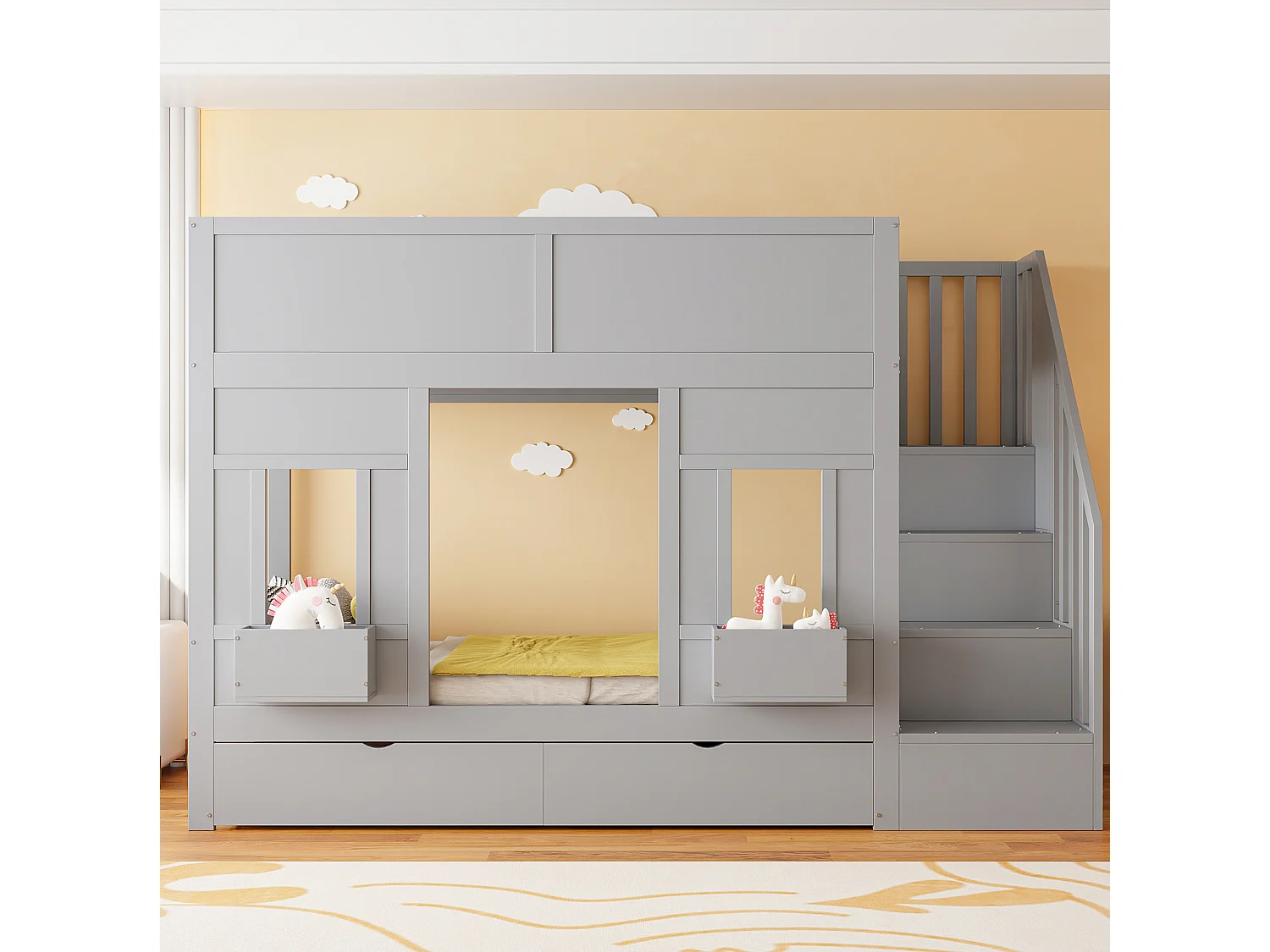 Lit superposé enfant 90x200 cm avec 2 tiroirs et escalier de rangement - Bois gris