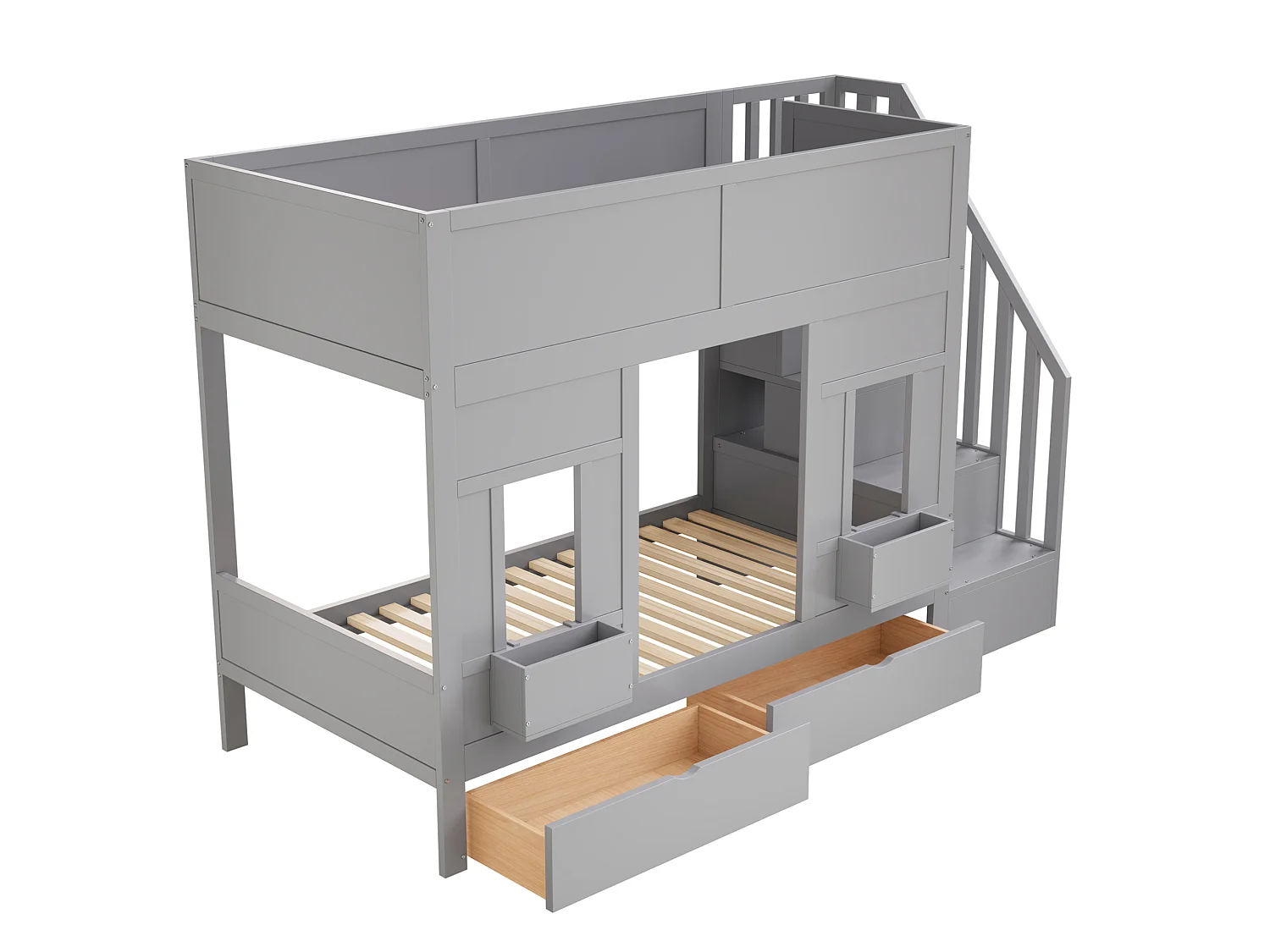 Lit superposé enfant 90x200 cm avec 2 tiroirs et escalier de rangement - Bois gris