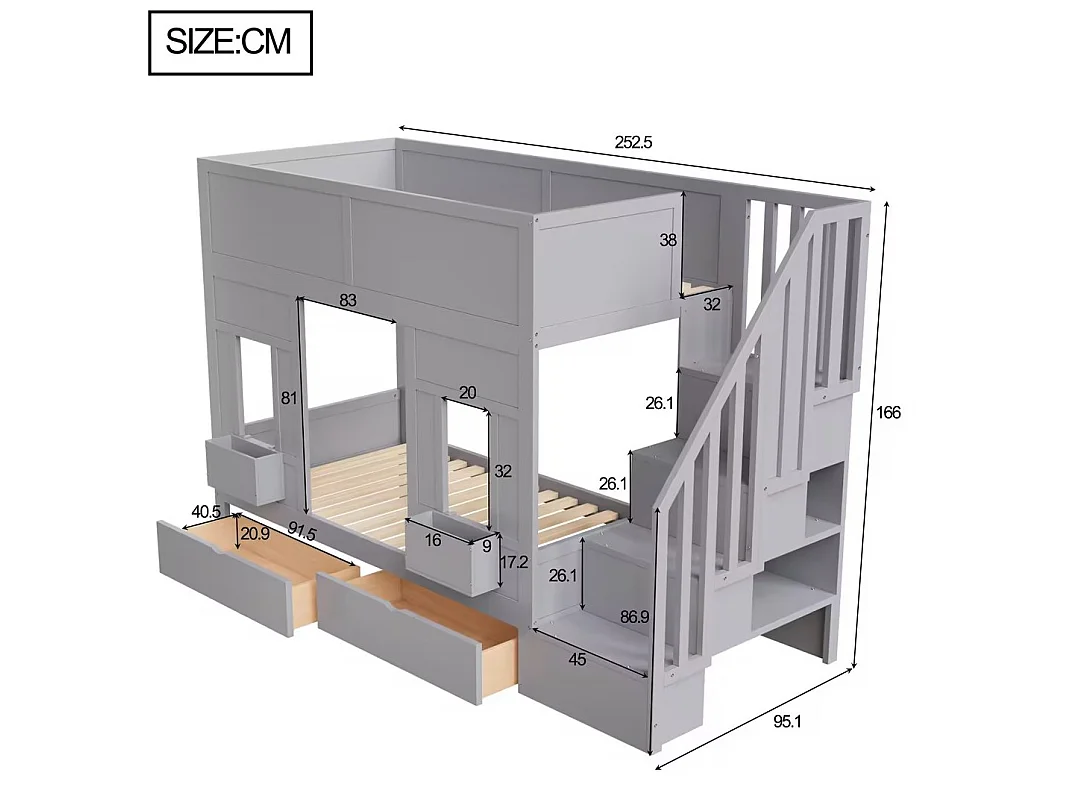 Lit superposé enfant 90x200 cm avec 2 tiroirs et escalier de rangement - Bois gris