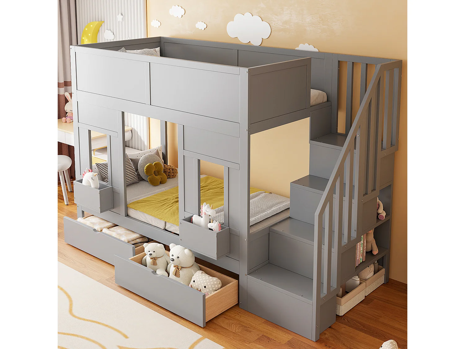 Lit superposé enfant 90x200 cm avec 2 tiroirs et escalier de rangement - Bois gris