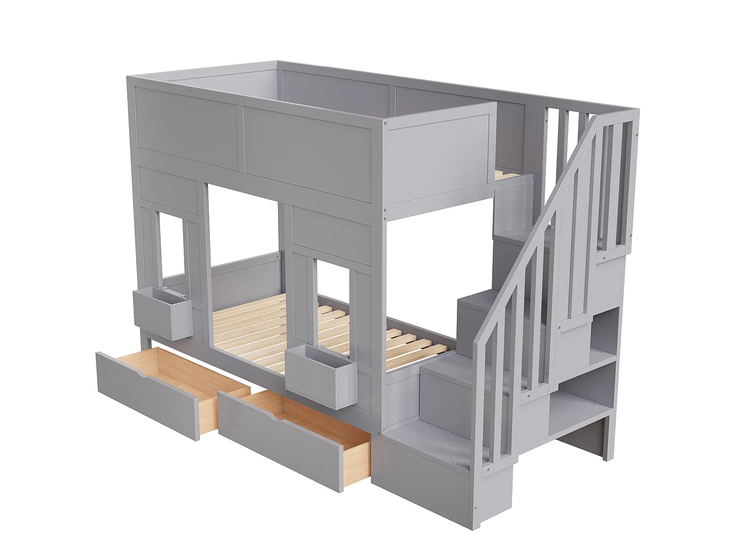 Lit superposé enfant 90x200 cm avec 2 tiroirs et escalier de rangement - Bois gris