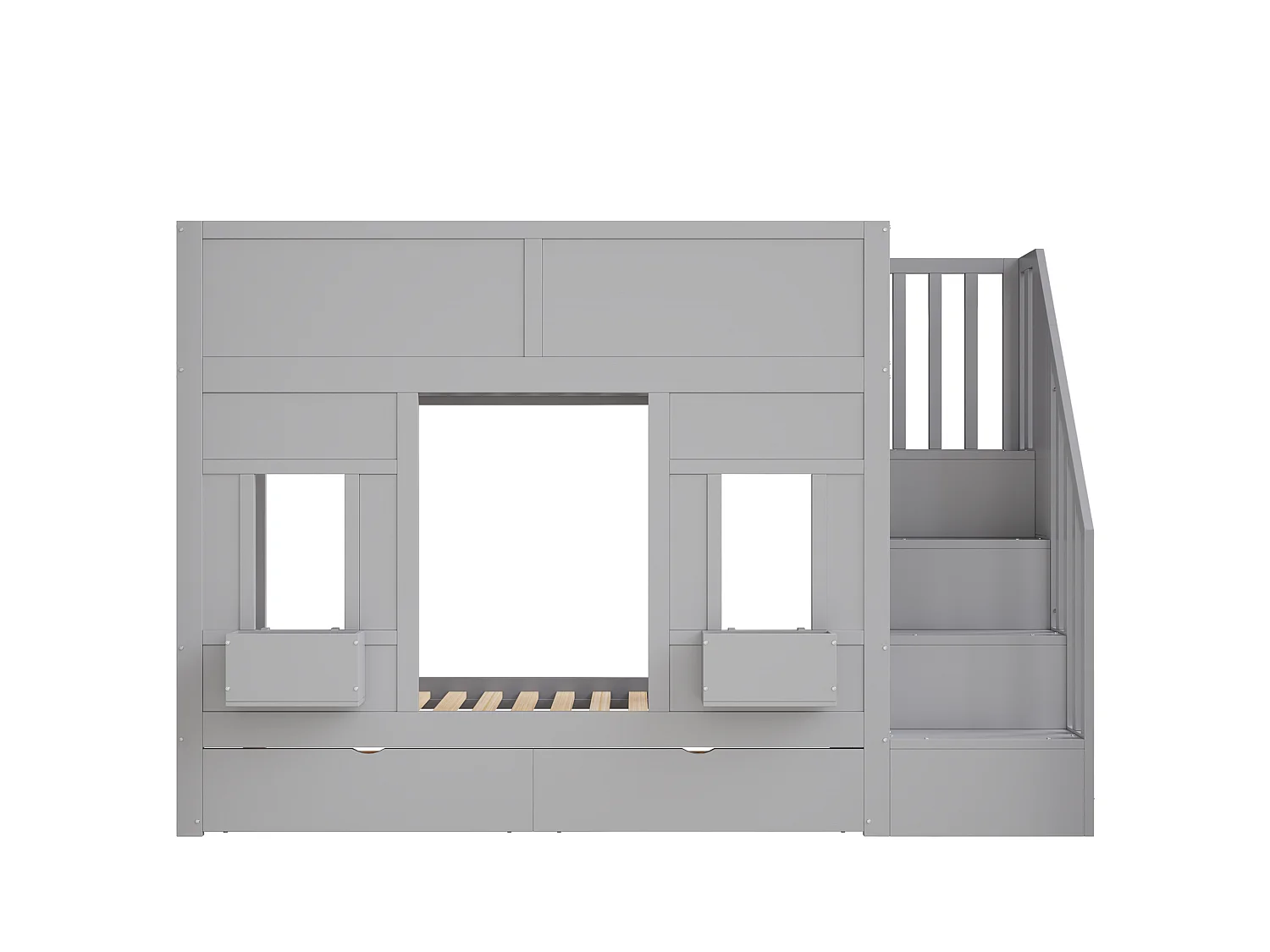 Lit superposé enfant 90x200 cm avec 2 tiroirs et escalier de rangement - Bois gris