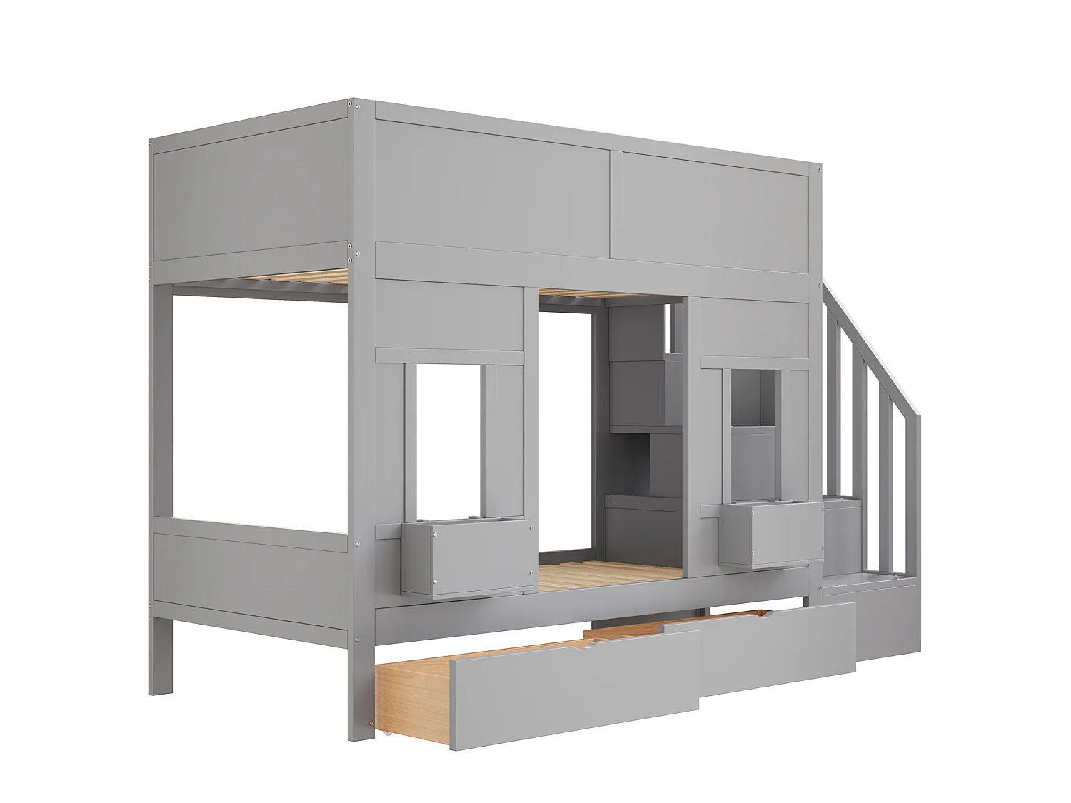 Lit superposé enfant 90x200 cm avec 2 tiroirs et escalier de rangement - Bois gris