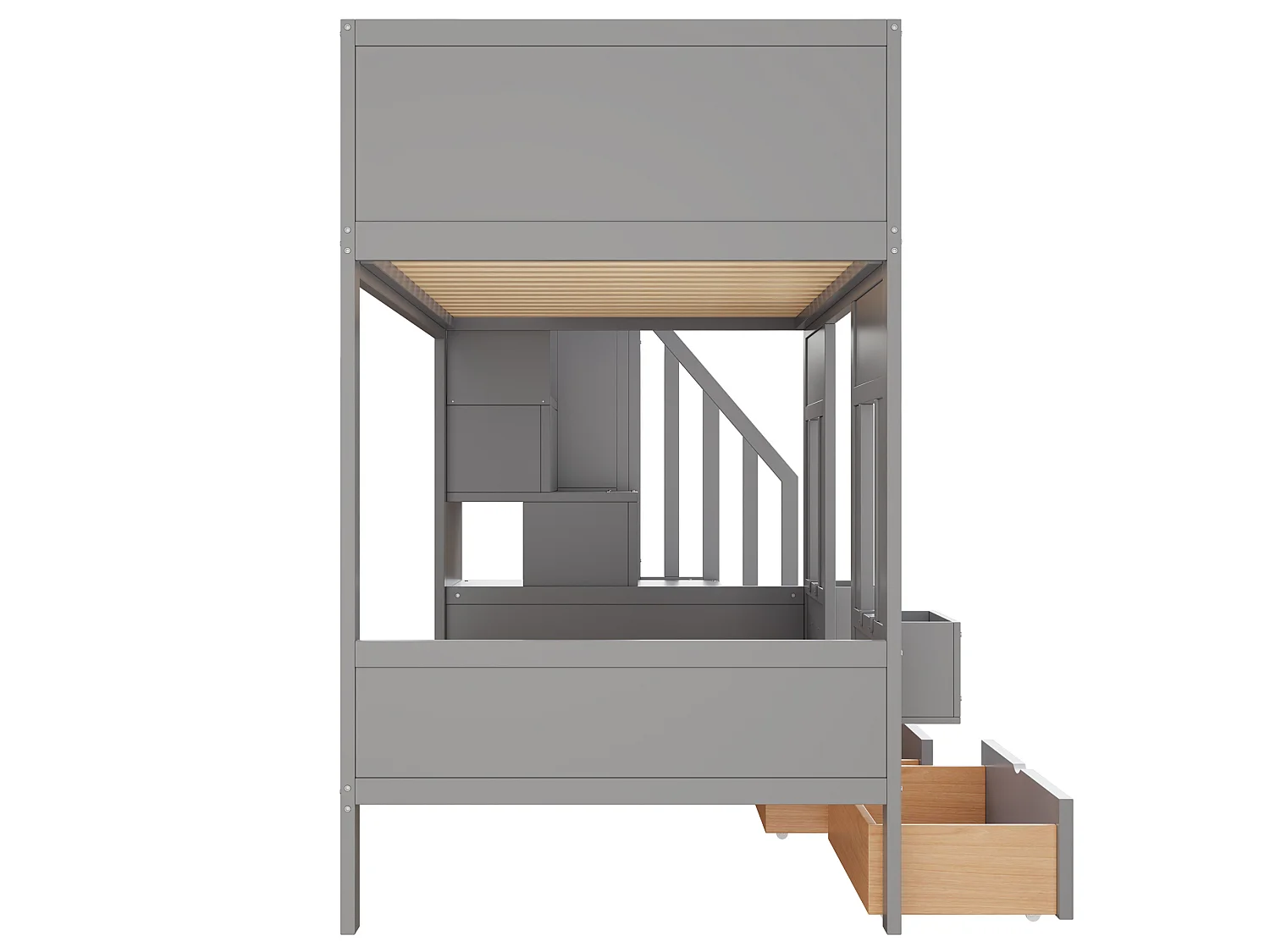 Lit superposé enfant 90x200 cm avec 2 tiroirs et escalier de rangement - Bois gris