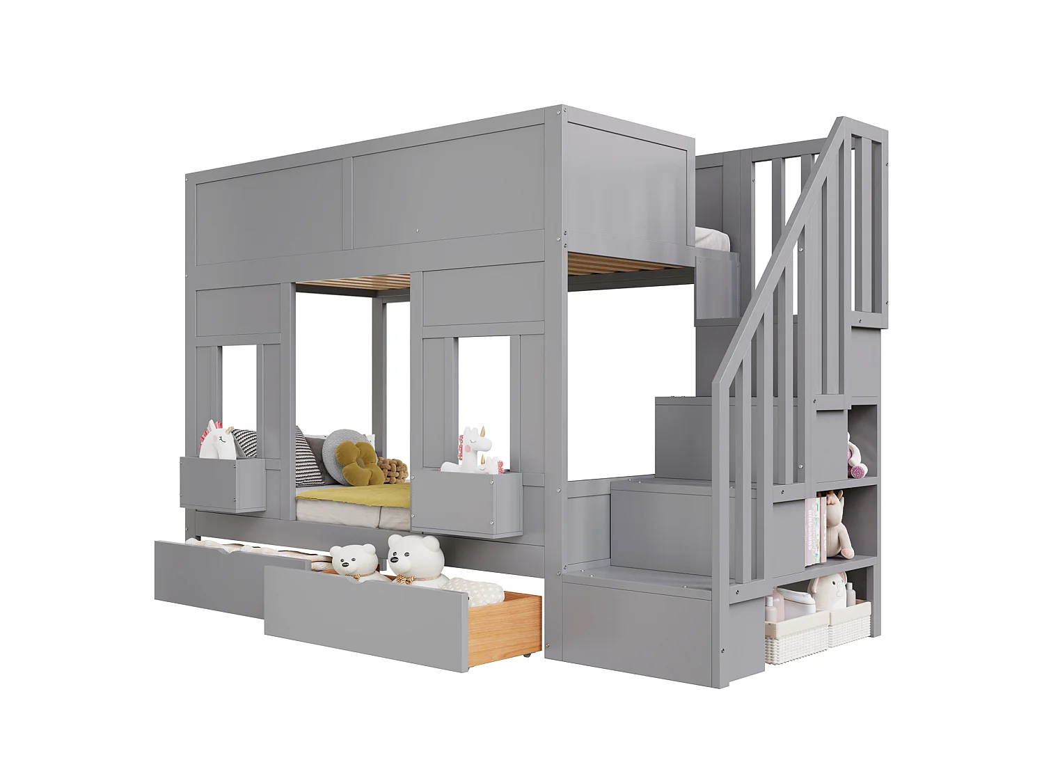 Lit superposé enfant 90x200 cm avec 2 tiroirs et escalier de rangement - Bois gris