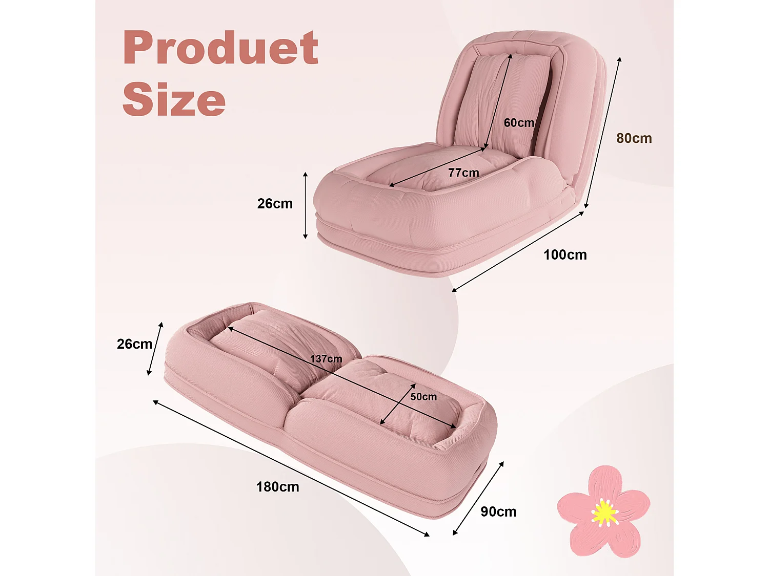 Poltrona ergonómica convertível com 5 posições e 2 almofadas - Tecido rosa