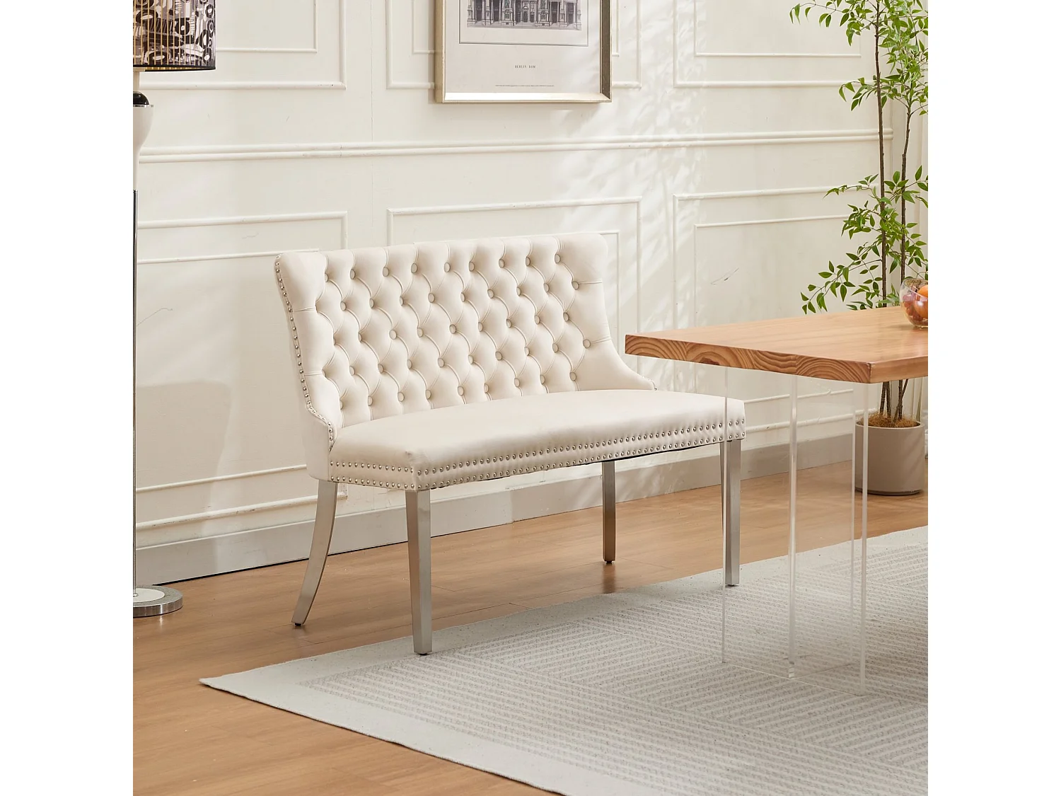 Banquette de salle à manger 2 places en velours beige - Pieds en métal