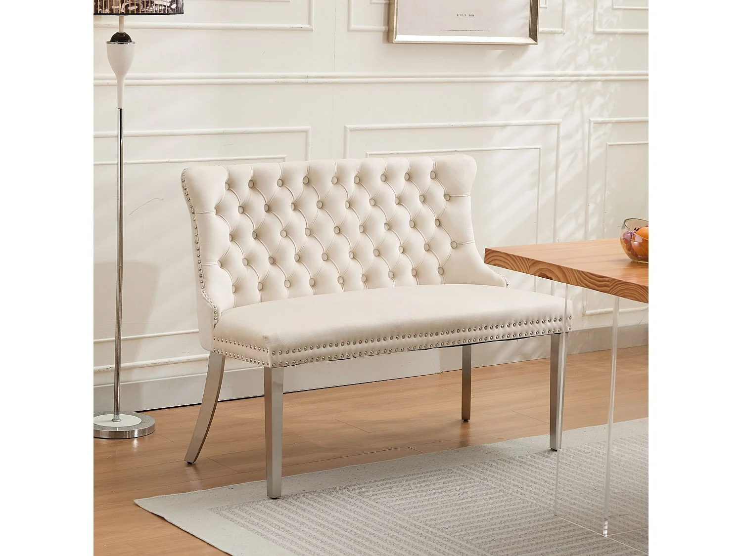 Banquette de salle à manger 2 places en velours beige - Pieds en métal